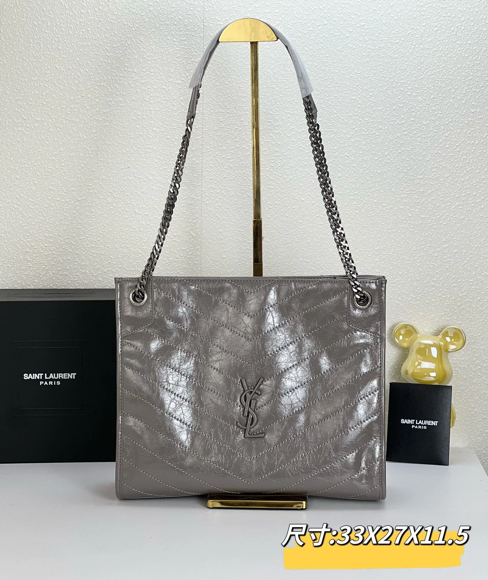 YSL NIKI Wrinkled retro oil wax skin Shoulder and backbody tote bag grey 577999 size: 33*27*11.5 cm - LITELUX