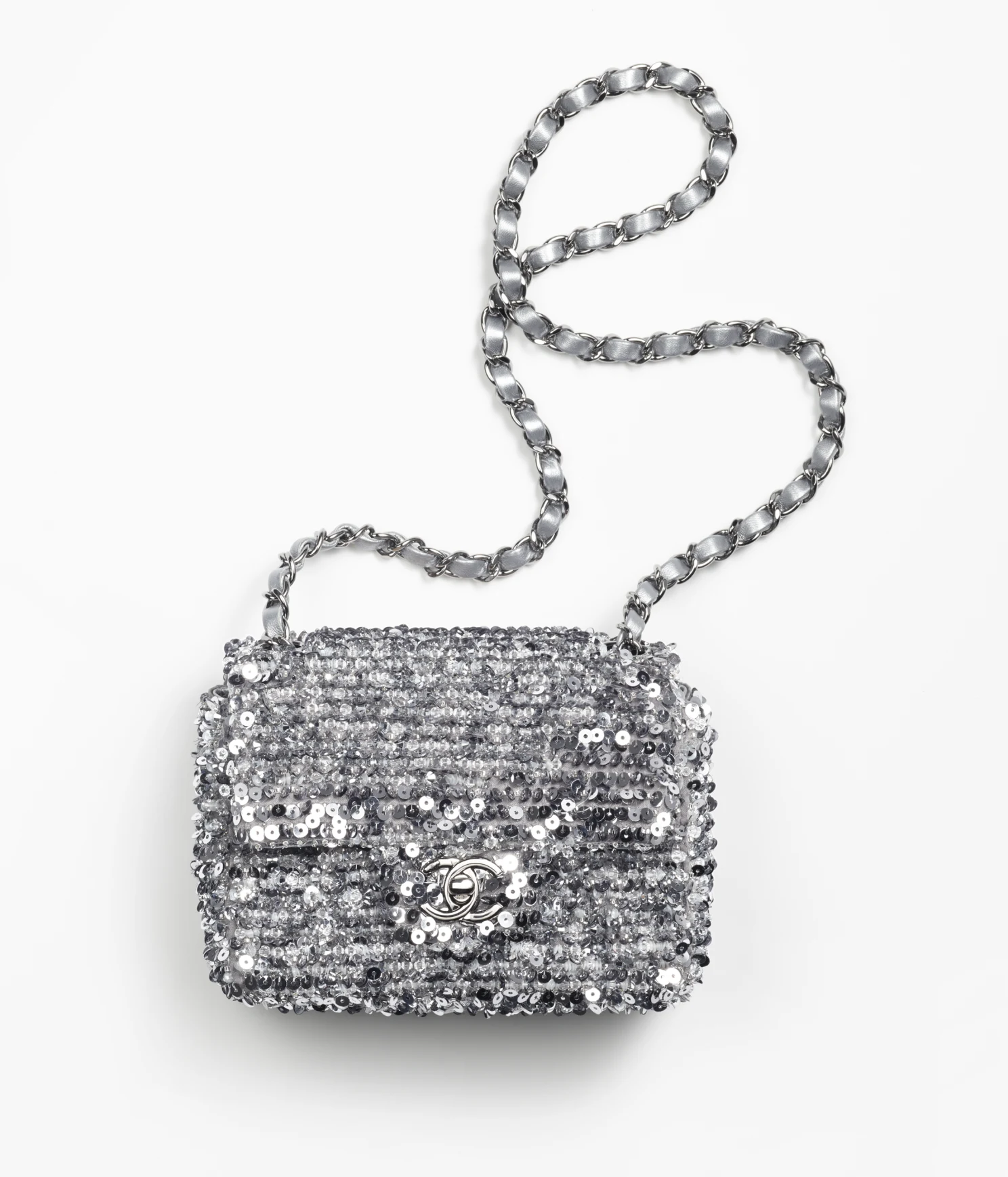 CHANEL / MINI FLAP BAG Embroidered Satin, Sequins, Glass Pearls & Ruthenium-Finish Metal Ref. AS4269 B13685 NQ843 Silver - LITELUX