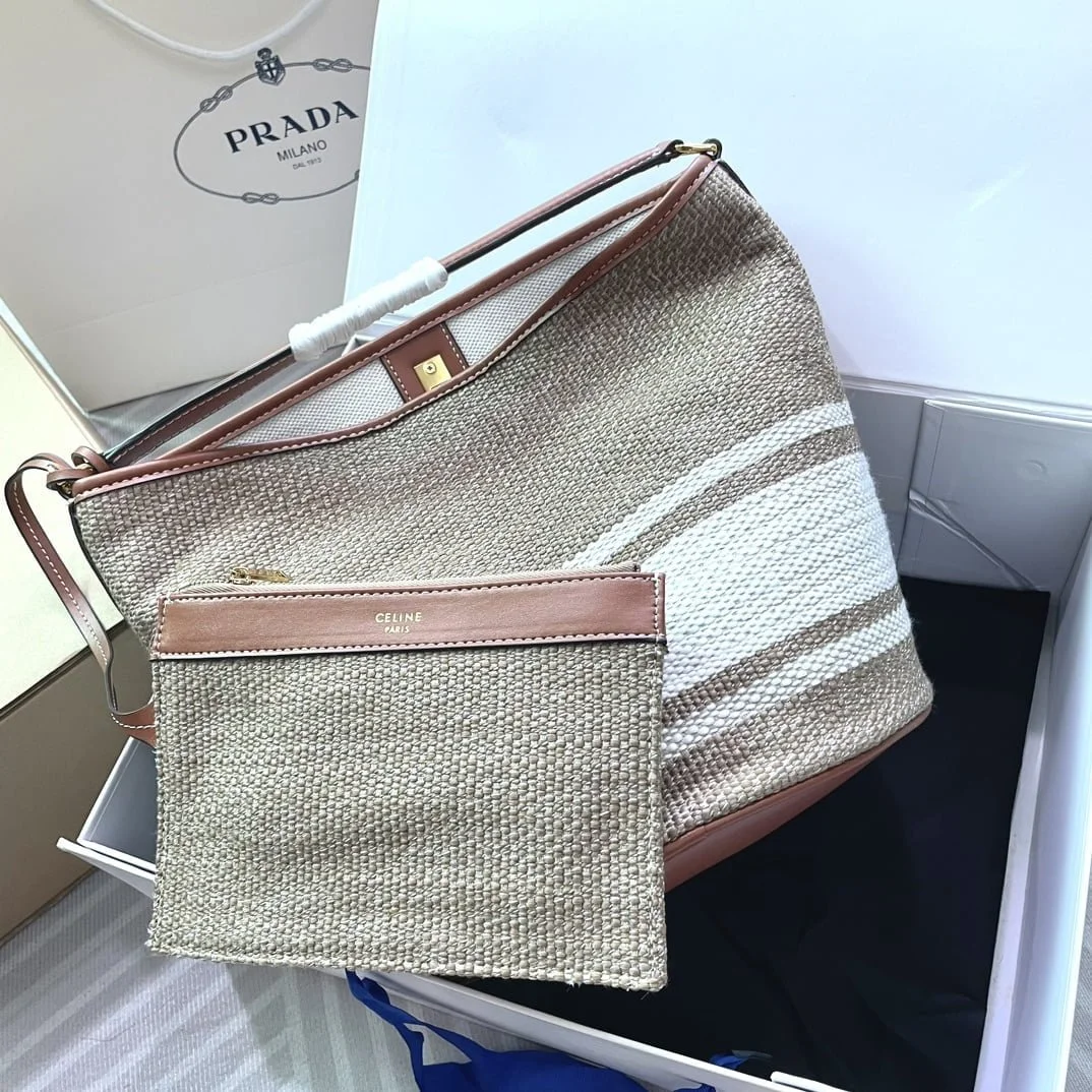 CELINE Mini jacquard stripe fabric cow leather bucket bag with little wallet Size:23*25*23CM - LITELUX