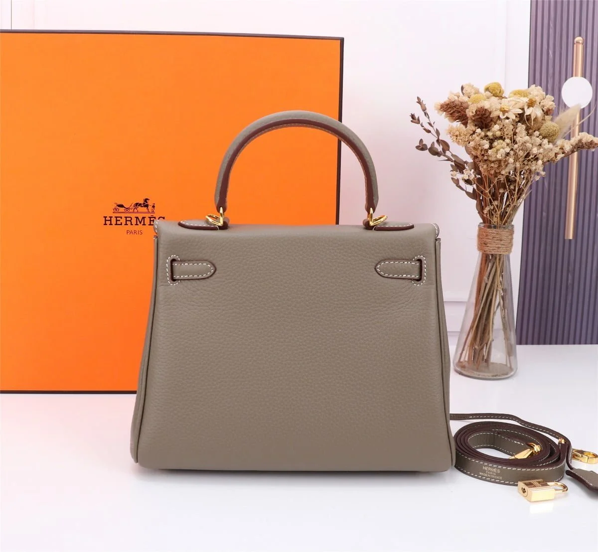 Hermès Kelly Togo Calf Gold hardware Elephant grey size: 25Cm/ 28Cm - LITELUX