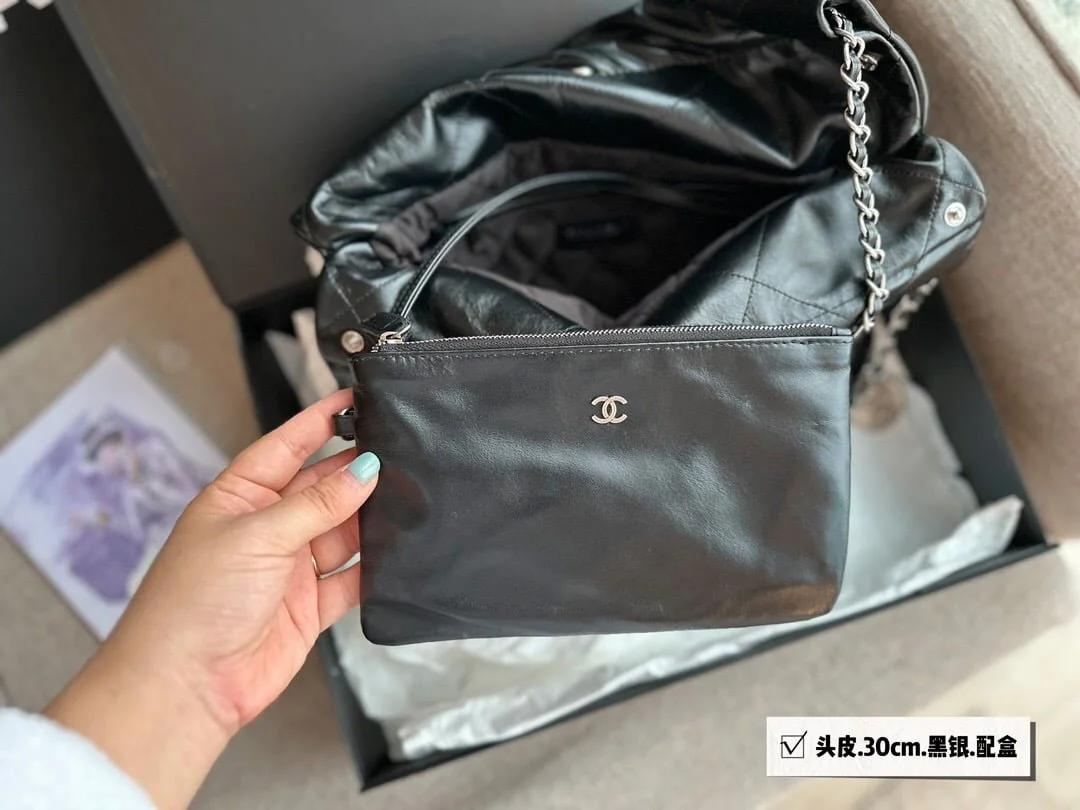 CHANEL Pearl garbage bag black with sliver hardware size:30*32cm - LITELUX