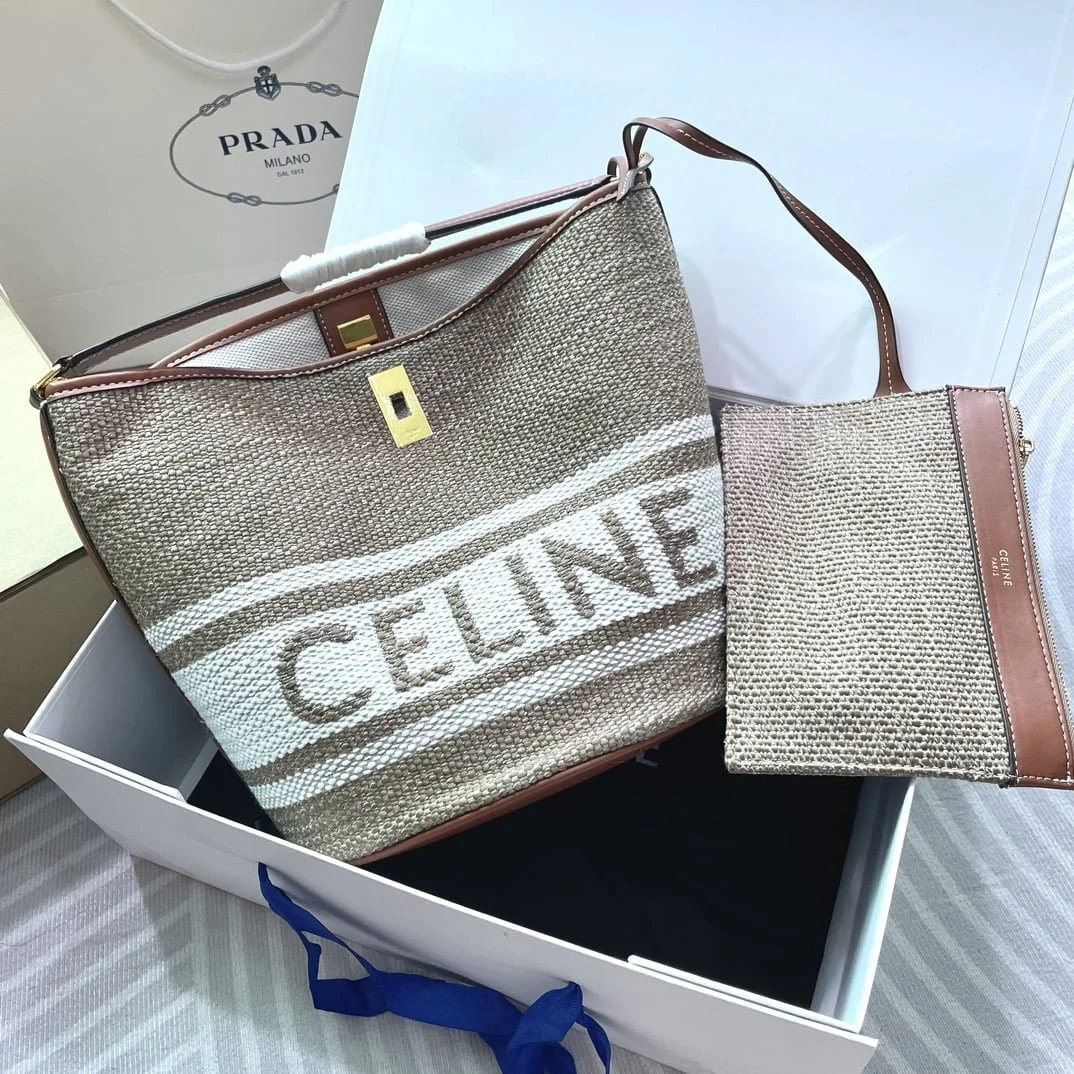 CELINE Mini jacquard stripe fabric cow leather bucket bag with little wallet Size:23*25*23CM - LITELUX