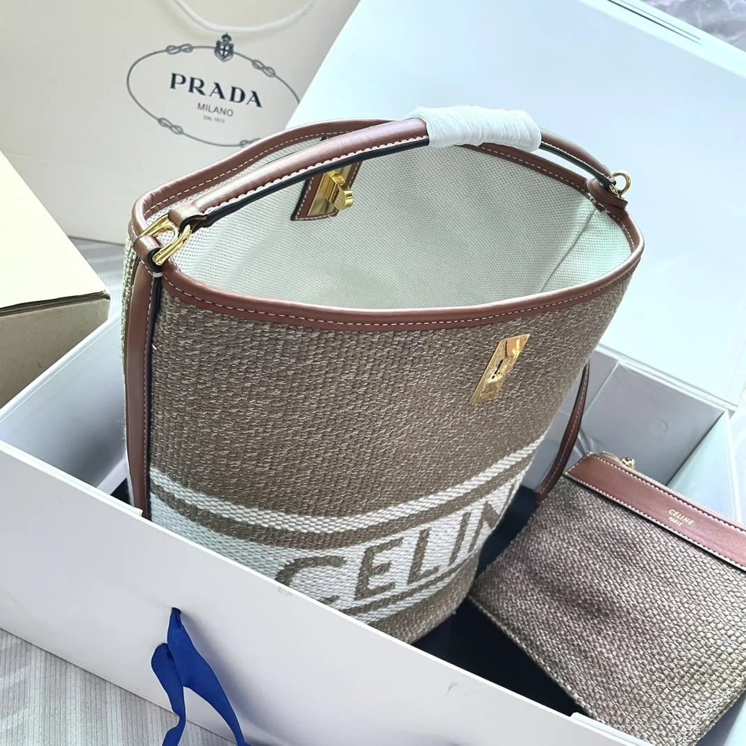 CELINE Mini jacquard stripe fabric cow leather bucket bag with little wallet Size:23*25*23CM - LITELUX
