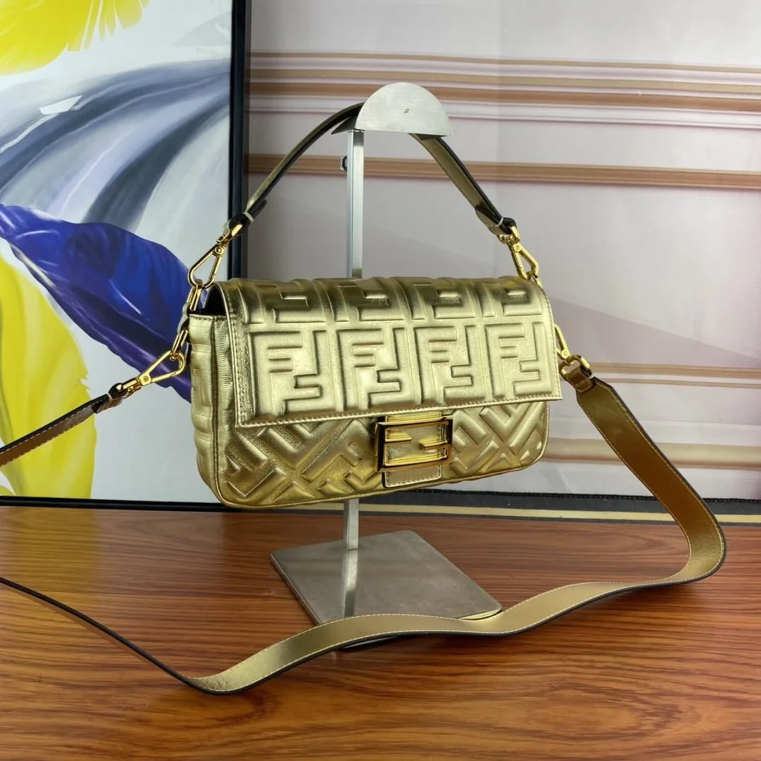 FENDI BAGUETTE Embossed design Gold Handbag F0191 Size: 26x5x15cm - LITELUX
