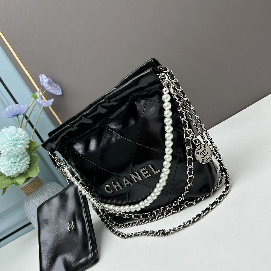 CHANEL Pearl garbage bag black with sliver hardware size: 23*28*22*7cm - LITELUX