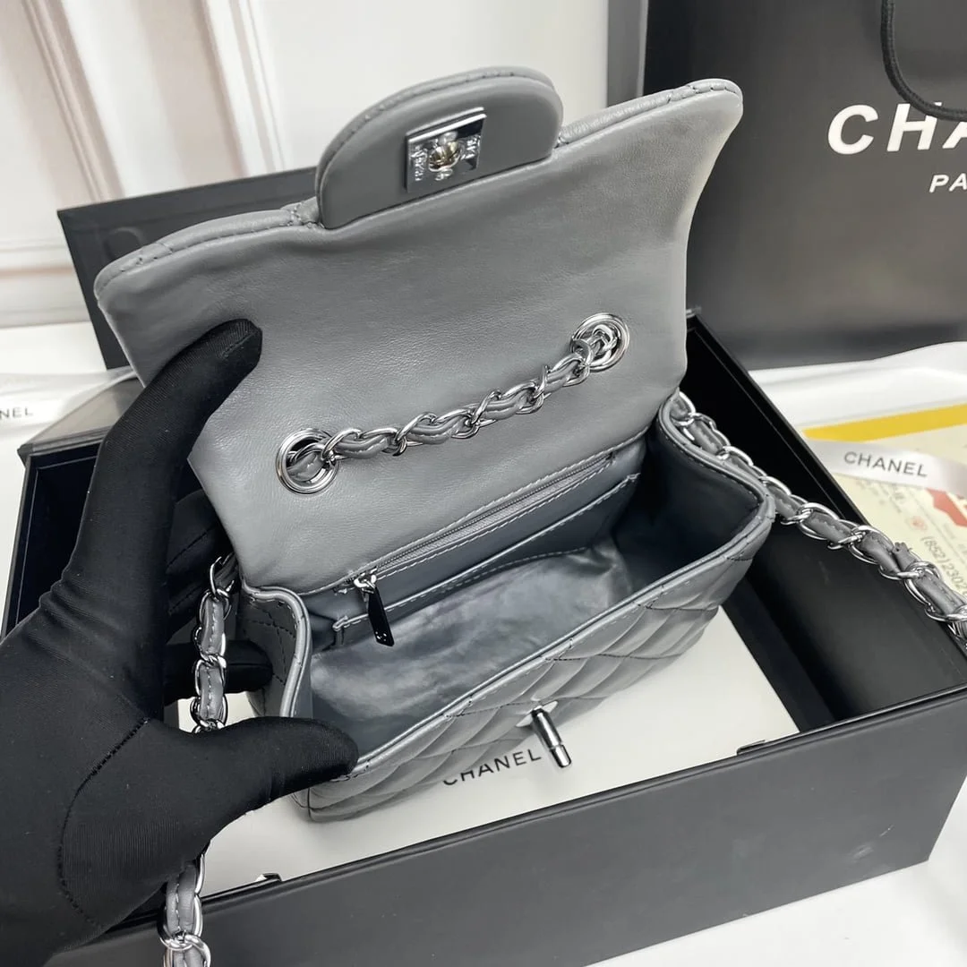 Chanel cf Square Fat 1115 sheepskin leather grey size: 18*14*7cm - LITELUX