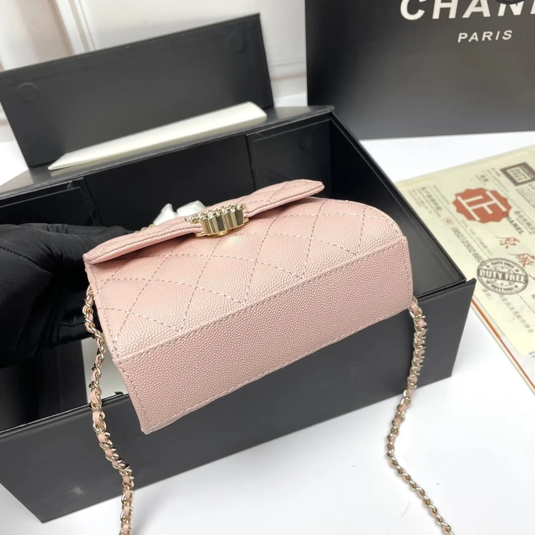Chanel Black Horse Kelly Lichee cowhide long handle bag 9100 pink size:19*10*4.5cm - LITELUX
