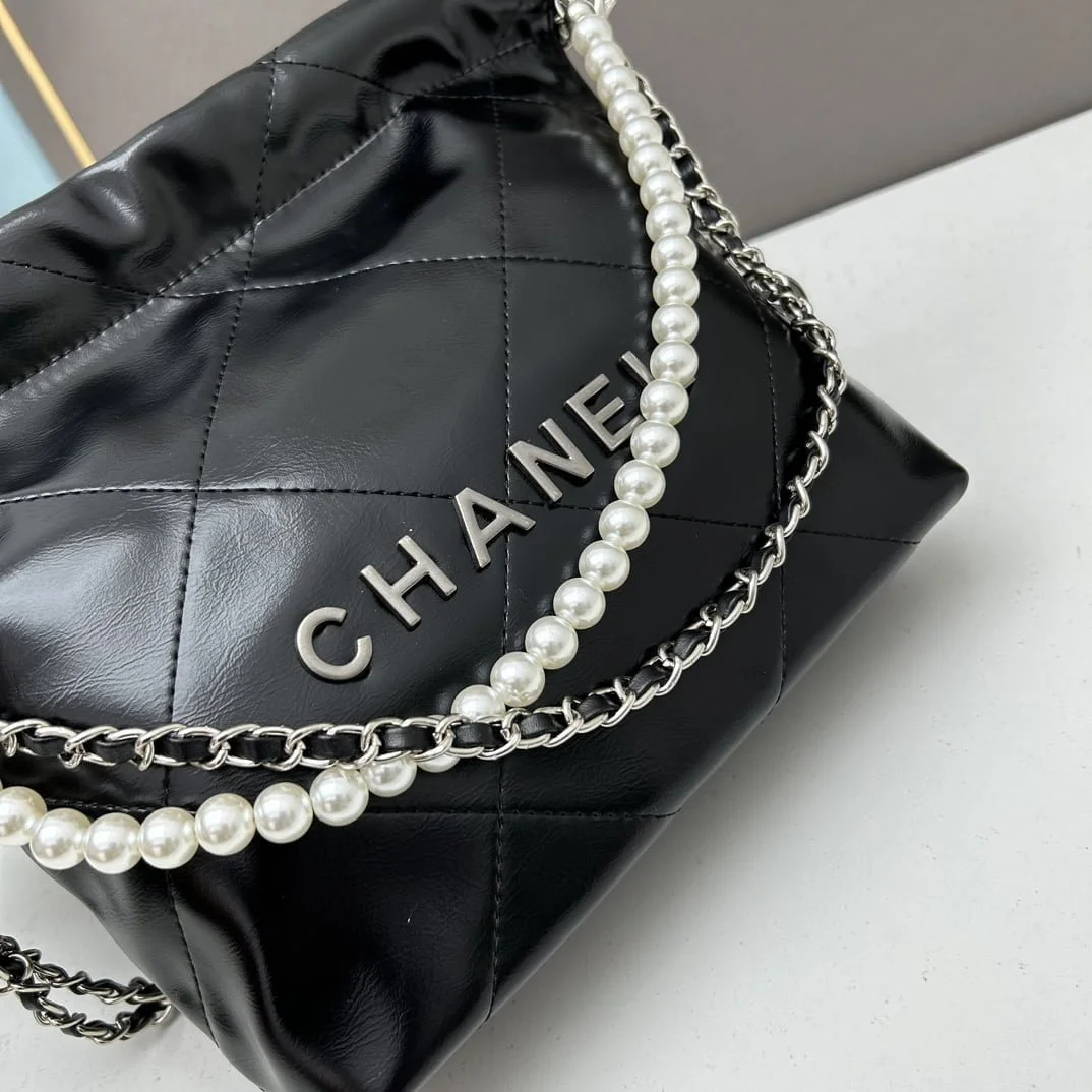 CHANEL Pearl garbage bag black with sliver hardware size: 23*28*22*7cm - LITELUX