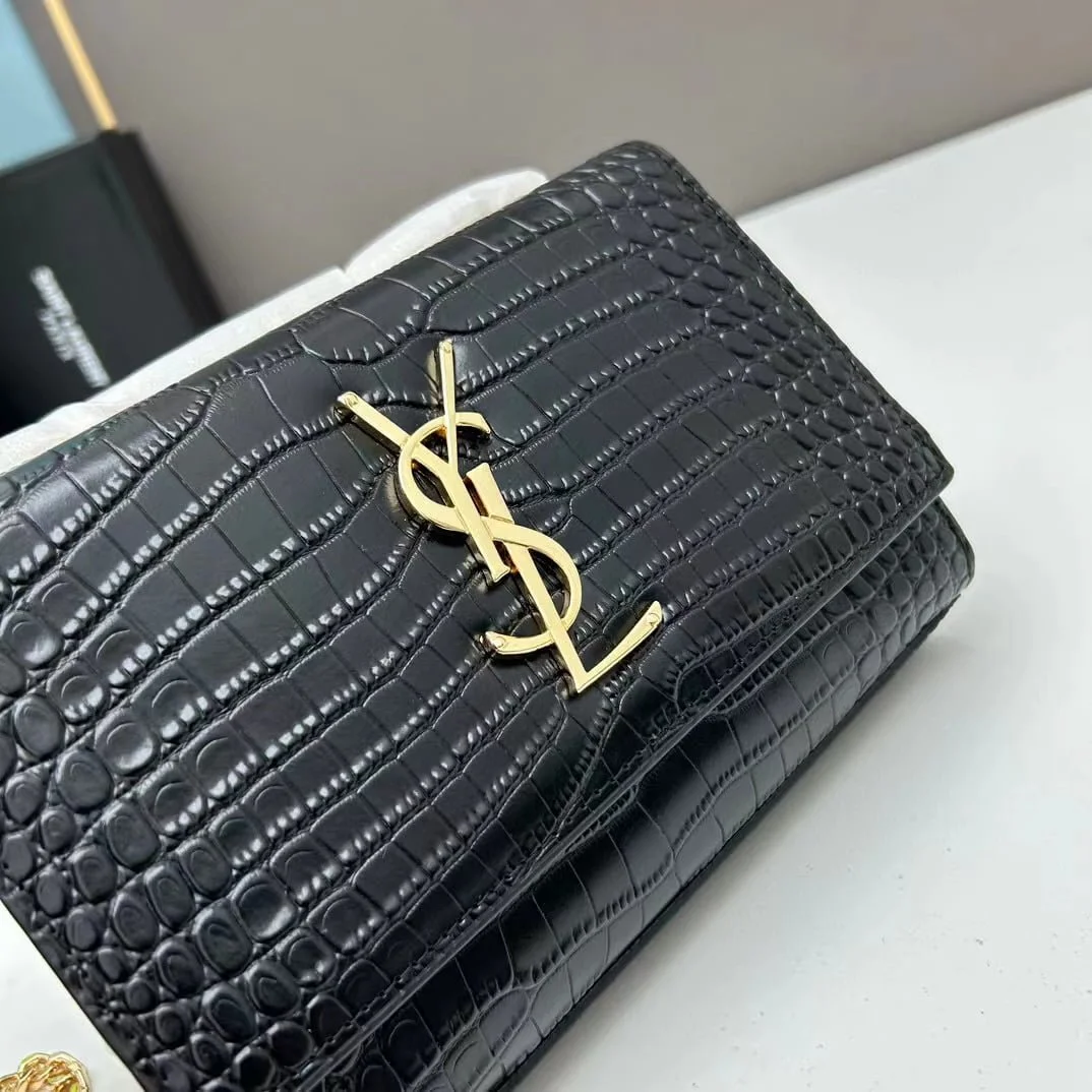YSL Kat crocodile chain strap shoulder bag with gold hardware 7219 black size: 20*14*5cm/24*15*6cm - LITELUX