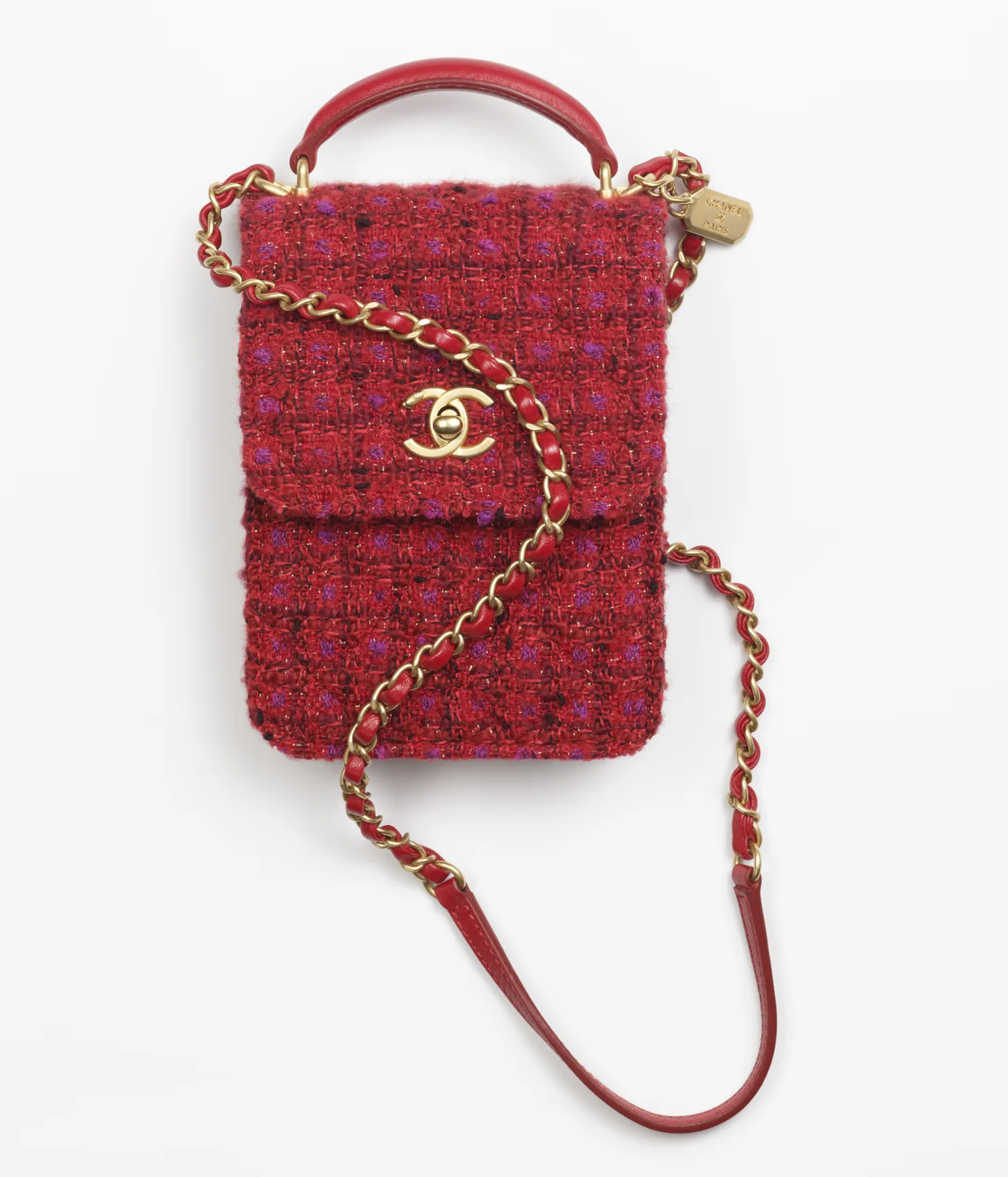 CHANEL / MINI FLAP BAG WITH TOP HANDLE Wool Tweed, Lambski & Gold-Tone Metal Red, Purple & Black Ref. AS4285 B13746 N7491 - LITELUX