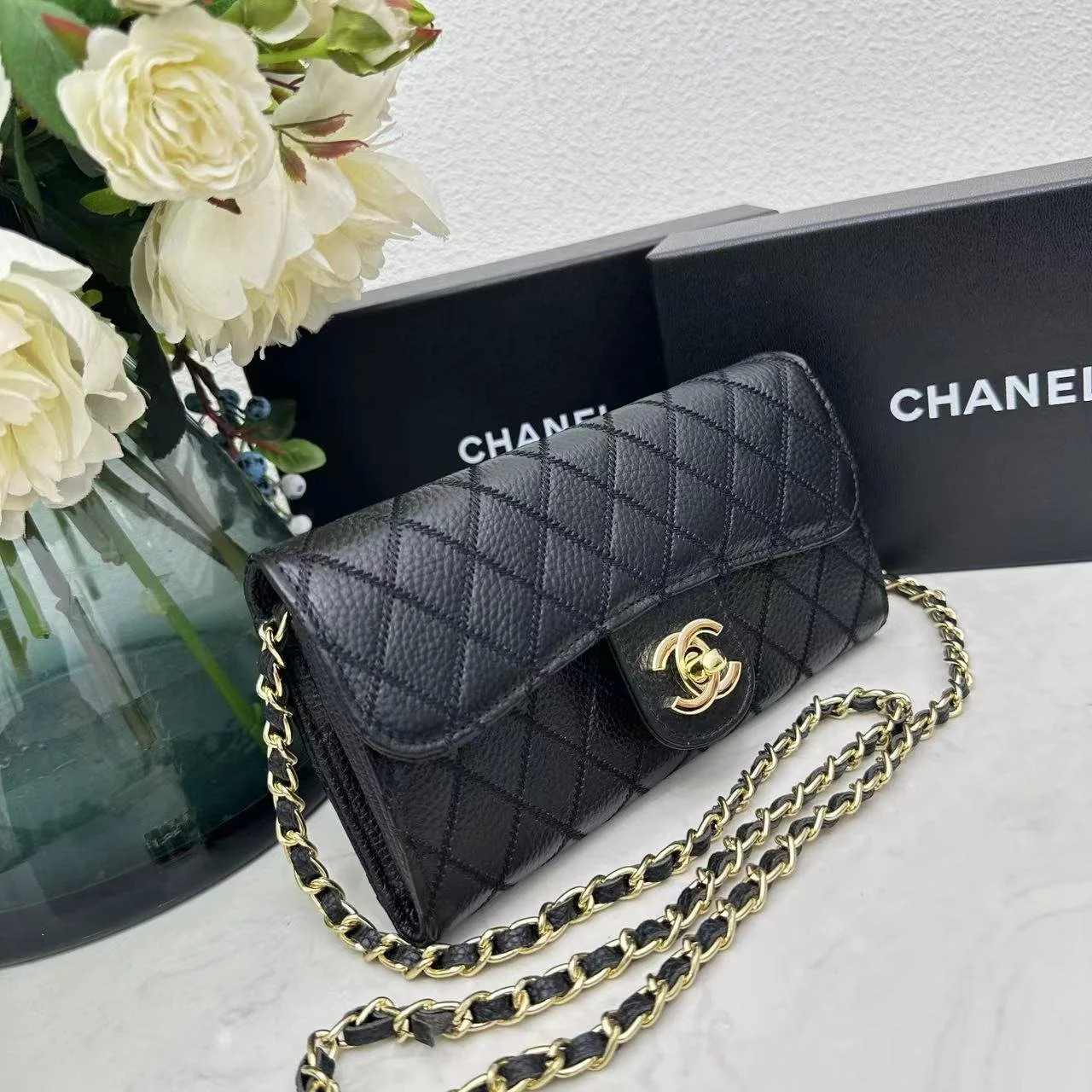 Chanel chain crossbody bag diamond and litchi cowhide Black 50098 size: 19*10*3.5cm - LITELUX