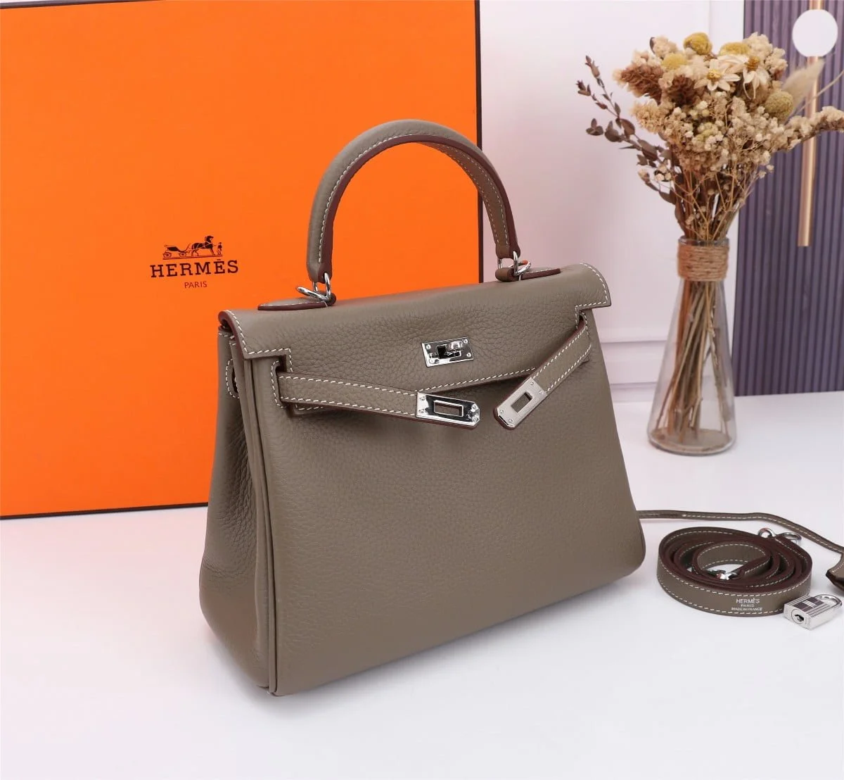 Hermès Kelly Togo Calf Sliver hardware Elephant grey size: 25Cm/ 28Cm - LITELUX