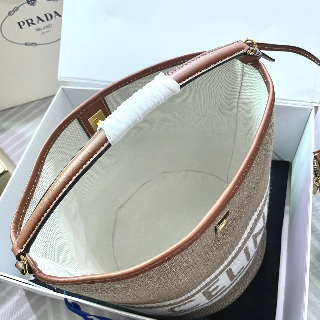 CELINE Mini jacquard stripe fabric cow leather bucket bag with little wallet Size:23*25*23CM - LITELUX
