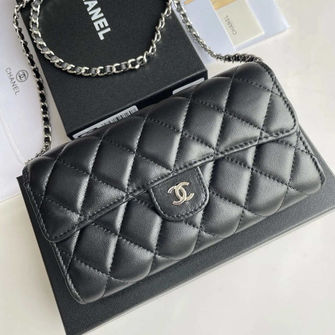 Chanel chain crossbody bag Cowhide with diamond lattice sliver hardware black A50076 size: 18*10.5*3.5cm - LITELUX
