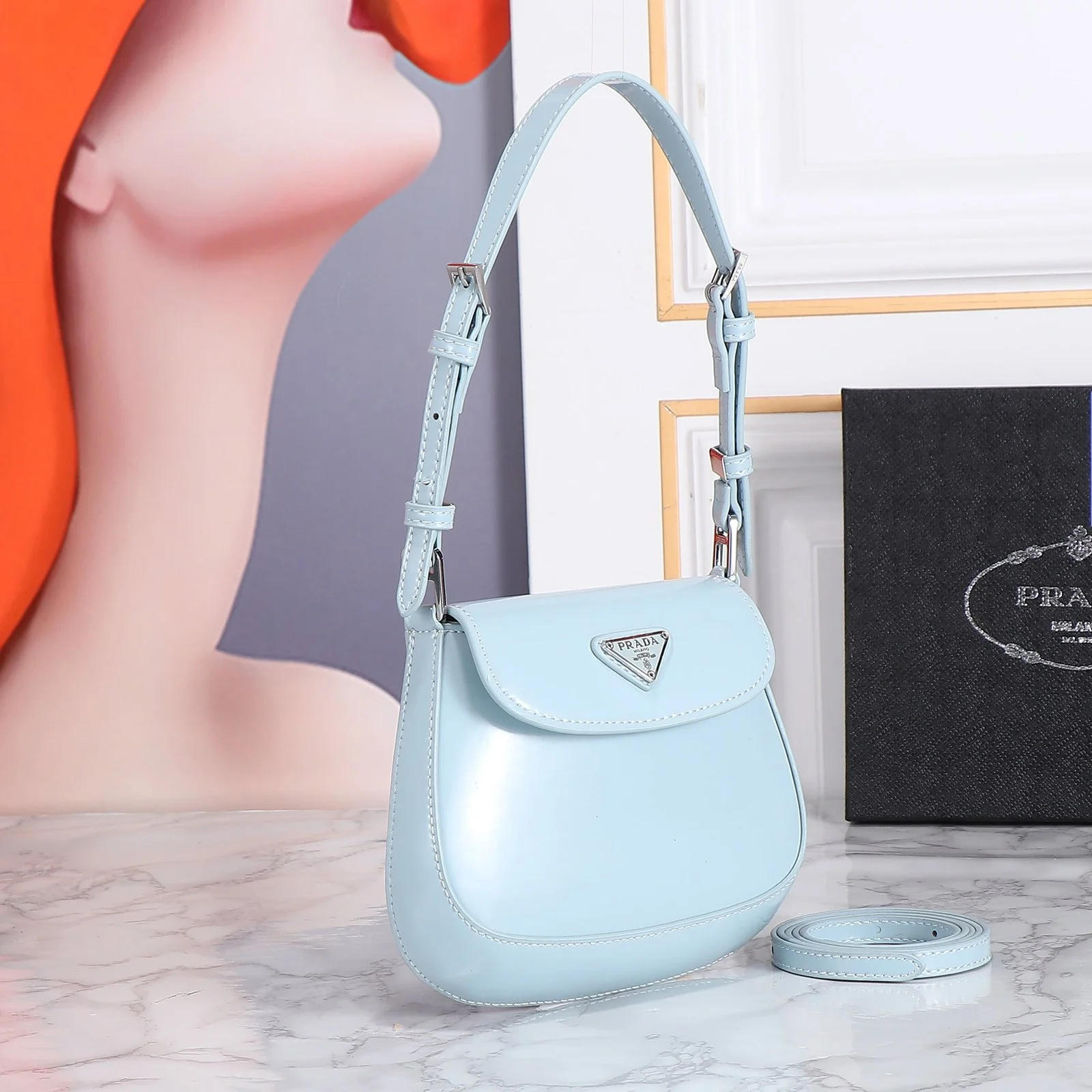 Prada hobo cleo Patent leather 611 blue size:22*13cm - LITELUX