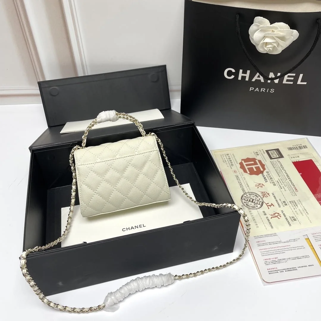 Chanel Black Horse Kelly Lichee cowhide long handle bag 9100 white size:19*10*4.5cm - LITELUX