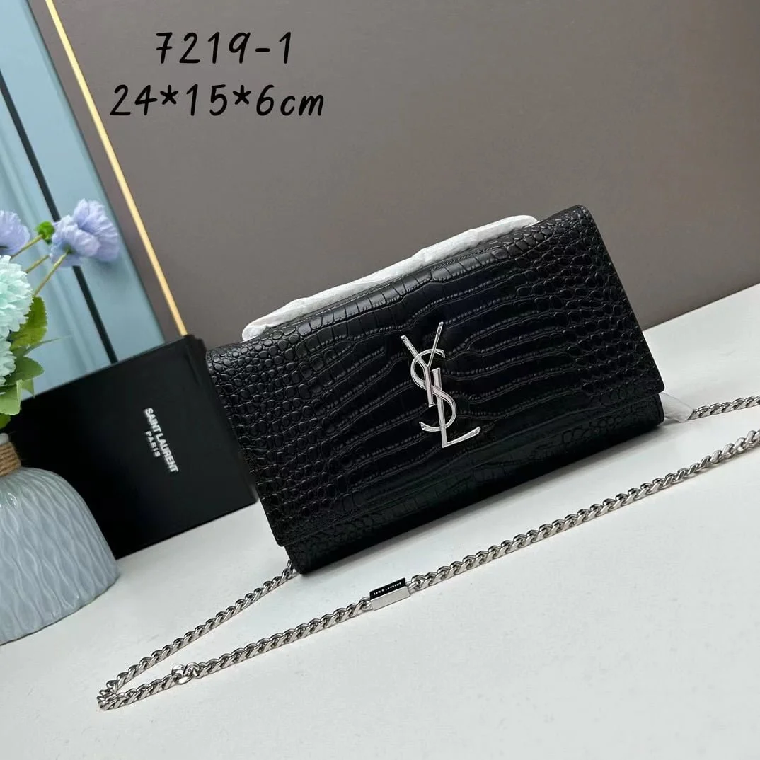 YSL Kat crocodile chain strap shoulder bag with sliver hardware 7219 black size: 20*14*5cm/24*15*6cm - LITELUX