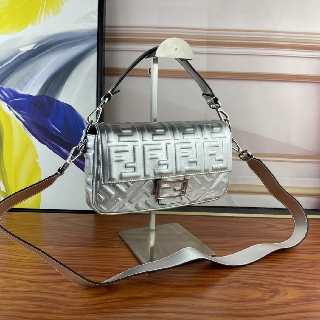FENDI BAGUETTE Embossed design Sliver Handbag F0191 Size: 26x5x15cm - LITELUX