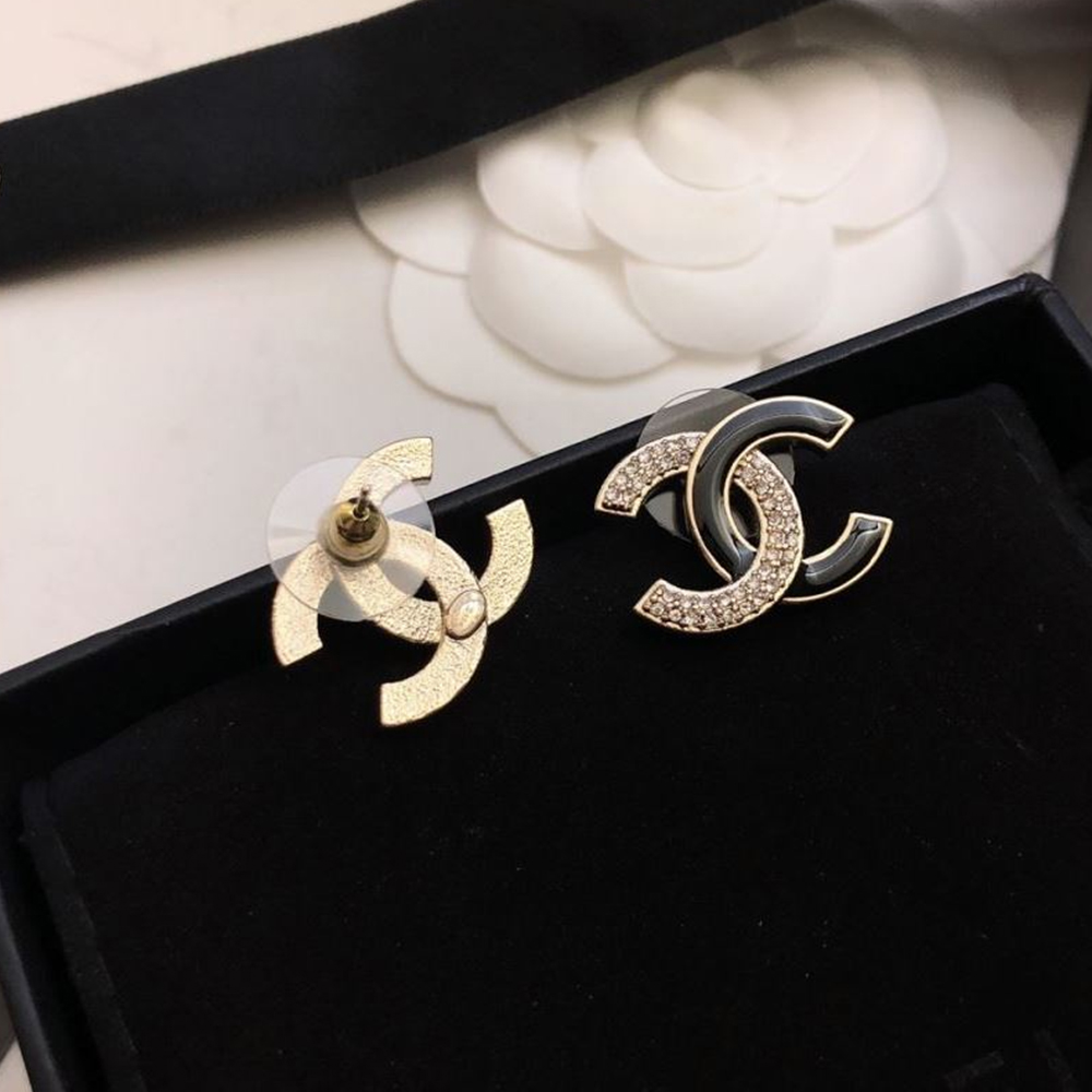 Chanel Enamel Rhinestone Double C Stud Earrings - LITELUX