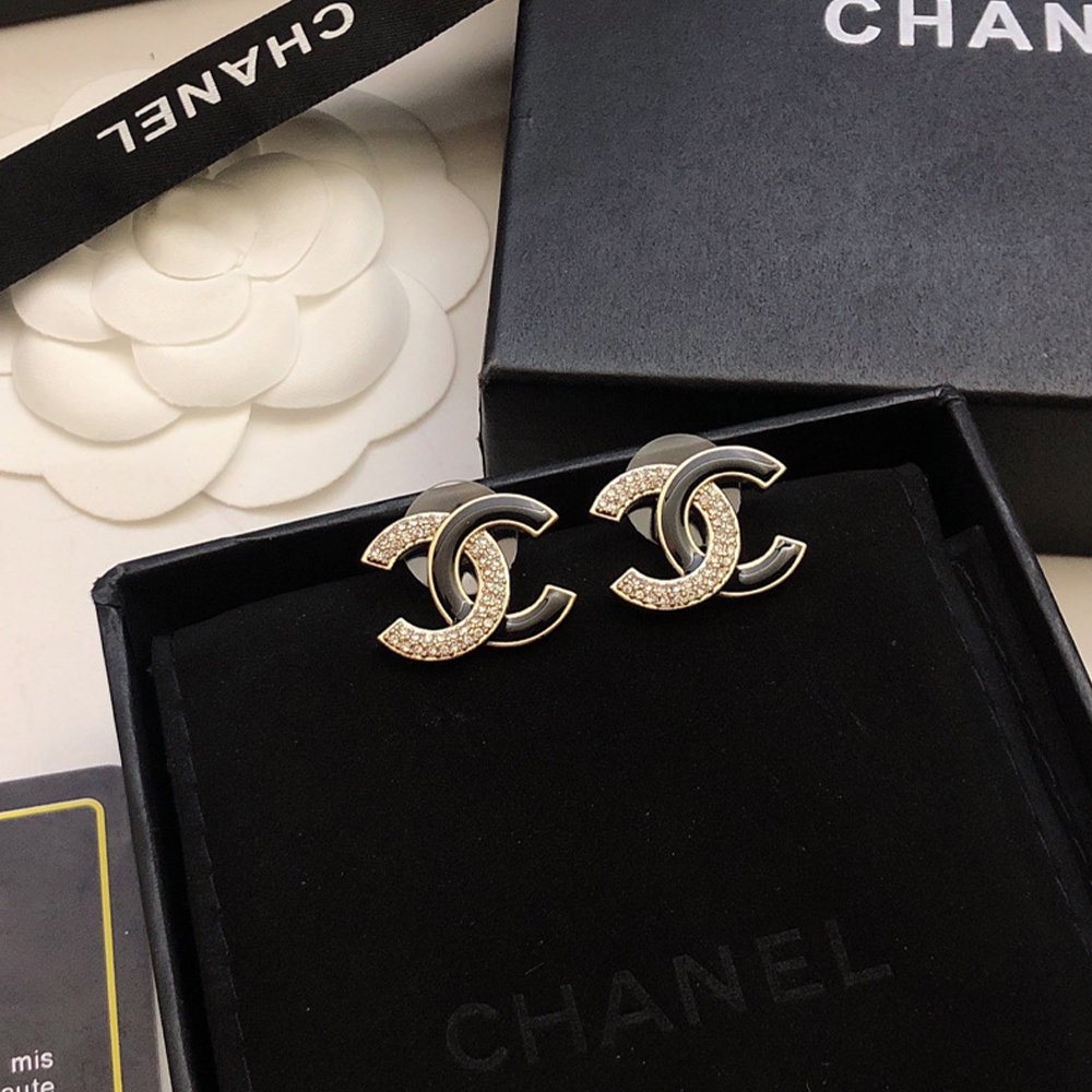 Chanel Enamel Rhinestone Double C Stud Earrings - LITELUX