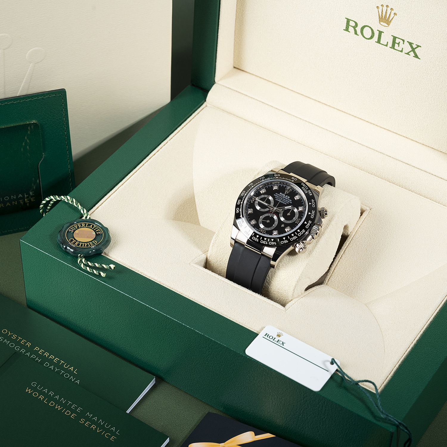 Rolex Daytona White Gold Black Dial Oysterflex Strap 116519LN-0025 Unworn - LITELUX