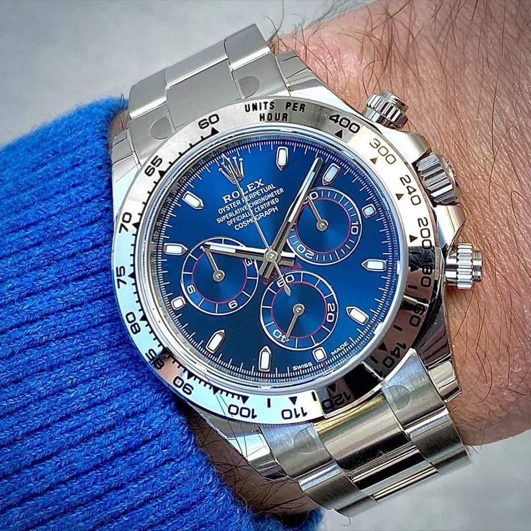 Rolex Daytona Blue Dial White Gold Chronograph Mens Watch - LITELUX