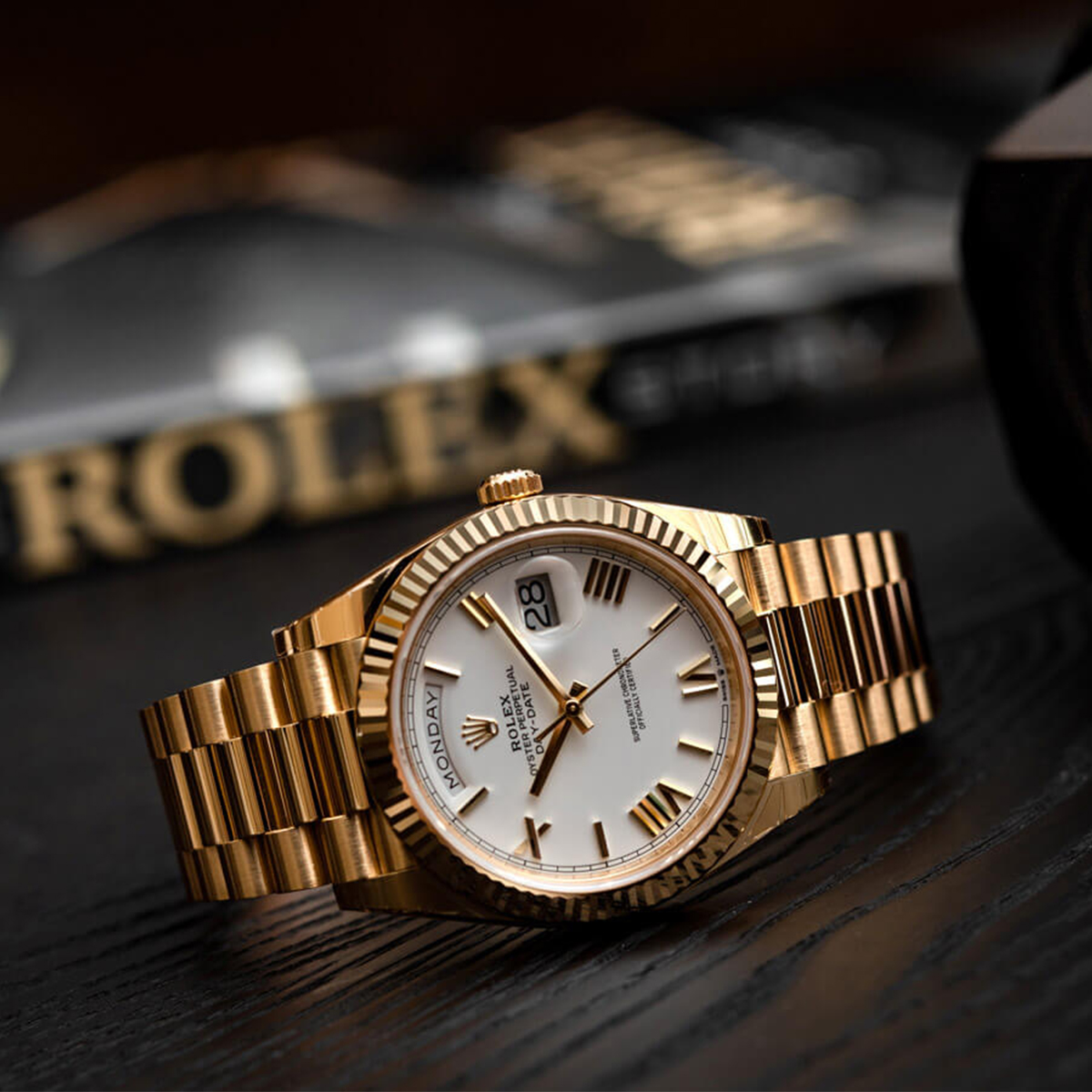 ROLEX 228238 DAY-DATE 40MM PRESIDENT 18K YELLOW GOLD SILVER ROMAN DIAL - LITELUX