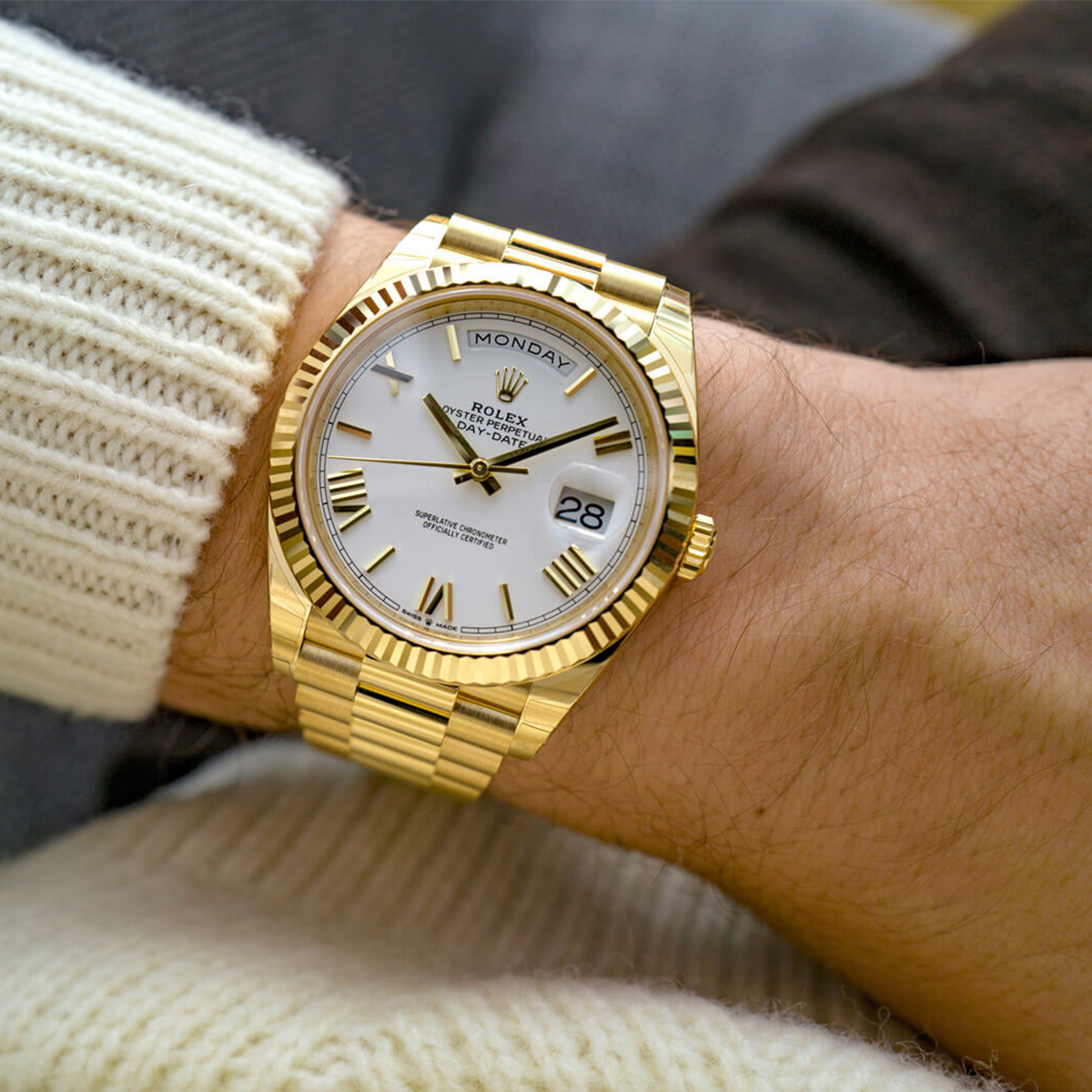 ROLEX 228238 DAY-DATE 40MM PRESIDENT 18K YELLOW GOLD SILVER ROMAN DIAL - LITELUX