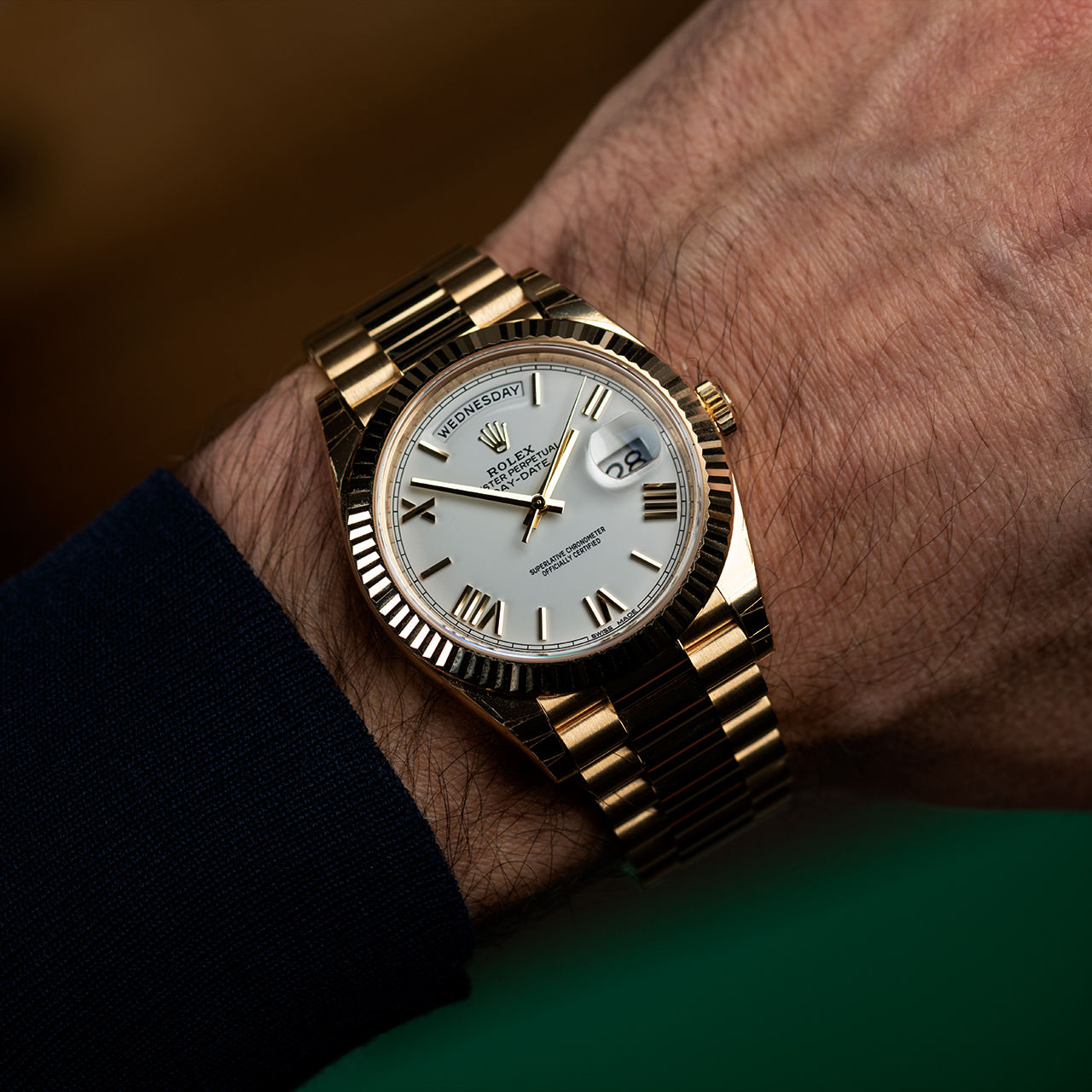 ROLEX 228238 DAY-DATE 40MM PRESIDENT 18K YELLOW GOLD SILVER ROMAN DIAL - LITELUX