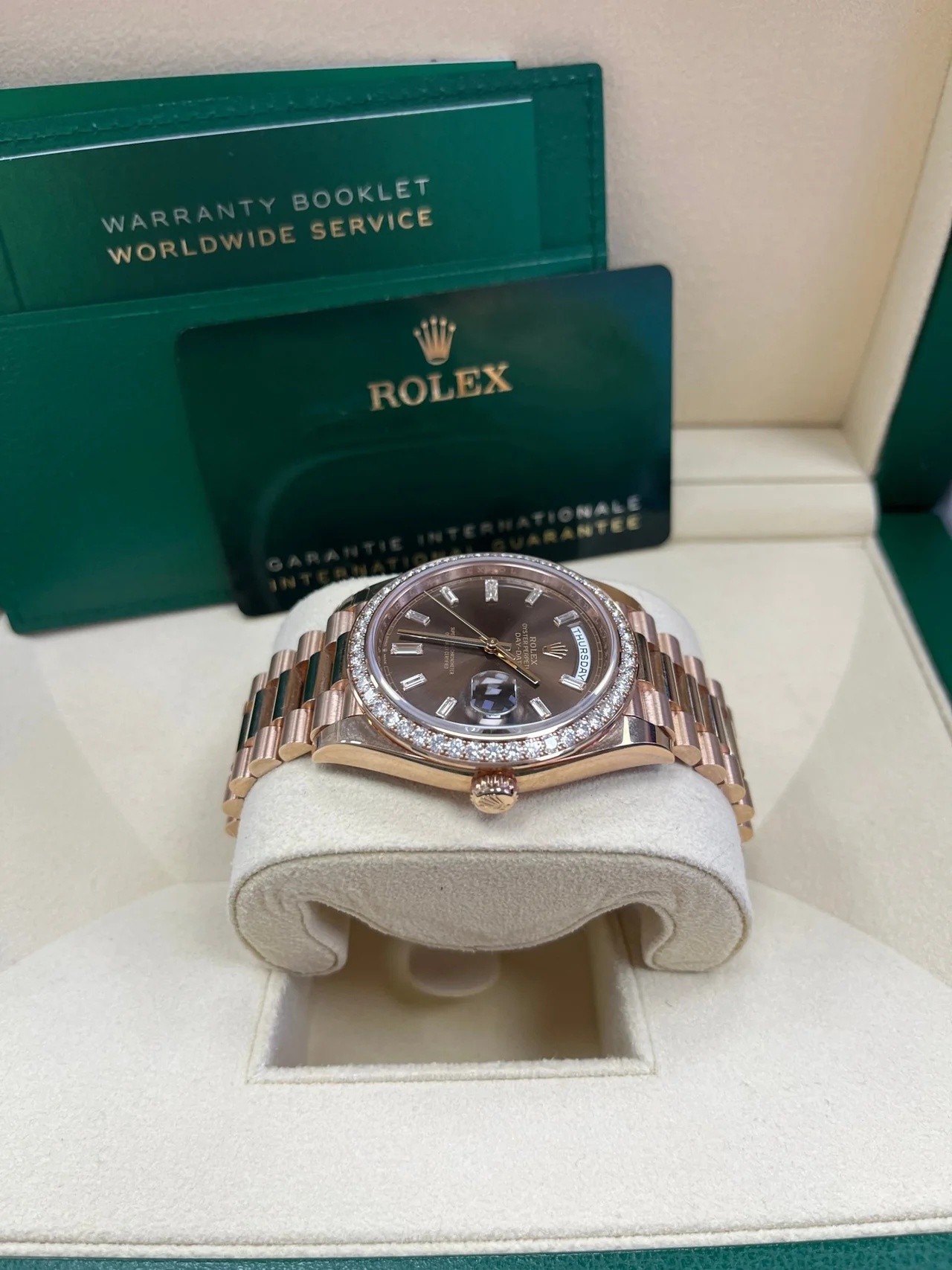 RLX Day-Date 40mm Chocolate Baguette Diamond Dial Diamond Bezel Dial Watch 228345RBR - LITELUX