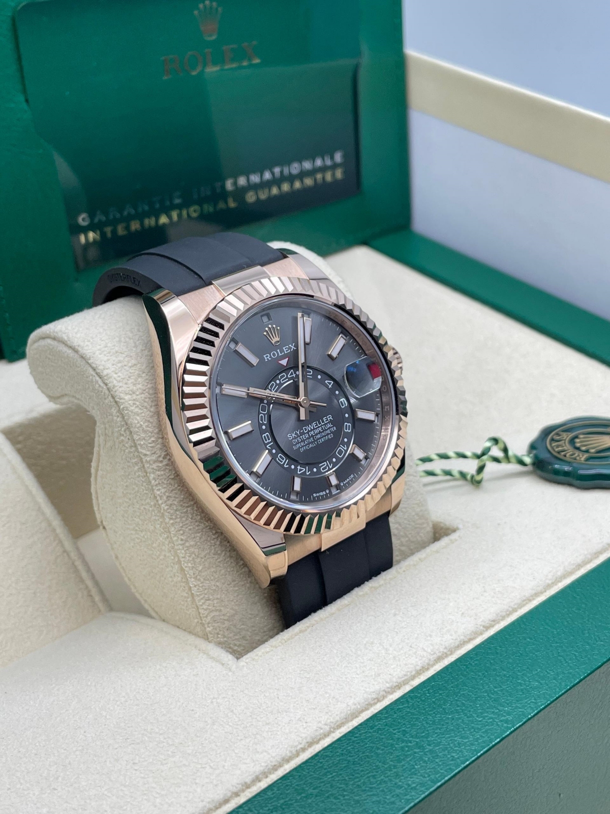 RLX Sky-Dweller 42mm Rose Gold Slate Dial Oysterflex - 336235 - LITELUX