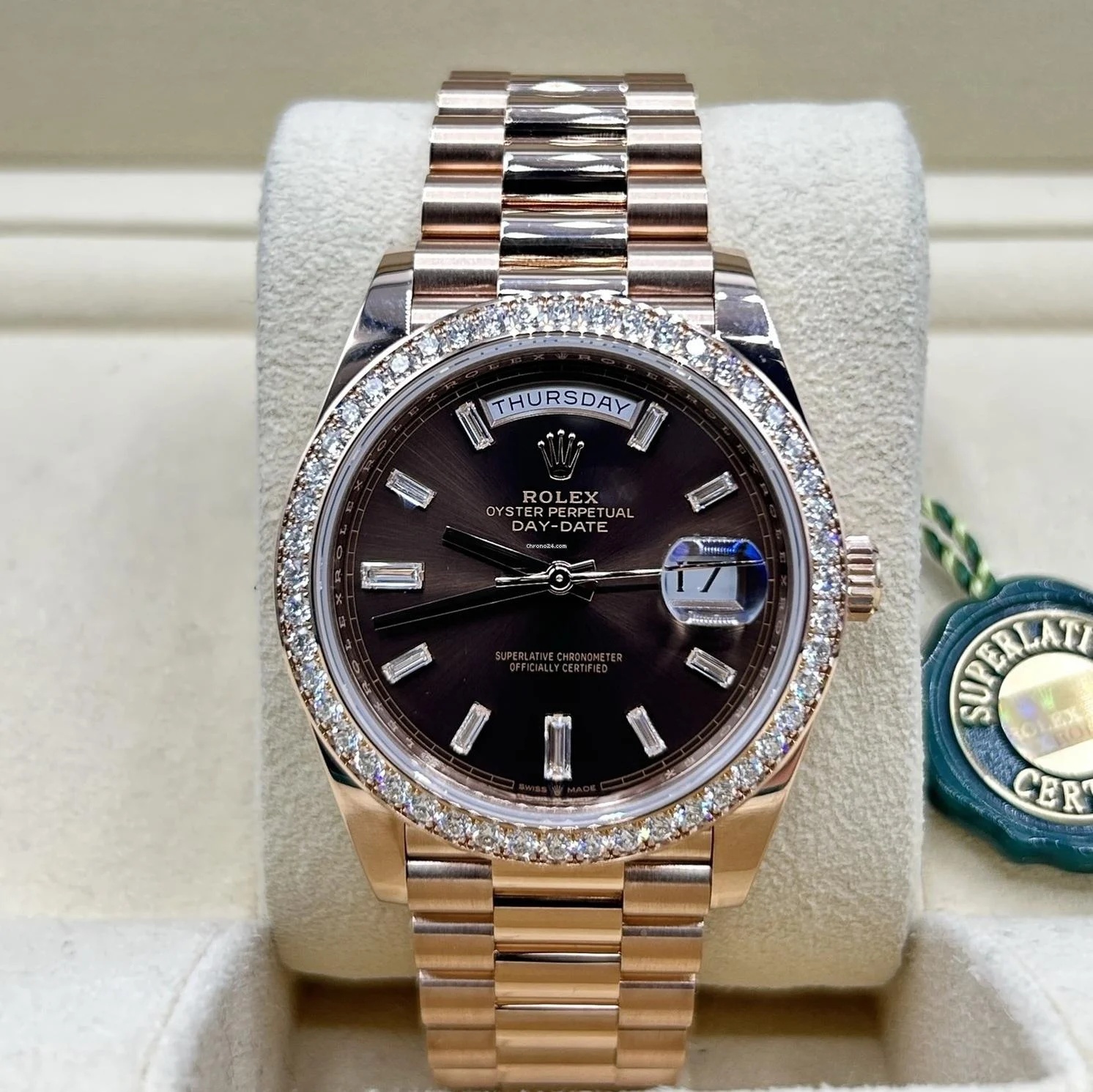 RLX Day-Date 40mm Chocolate Baguette Diamond Dial Diamond Bezel Dial Watch 228345RBR - LITELUX