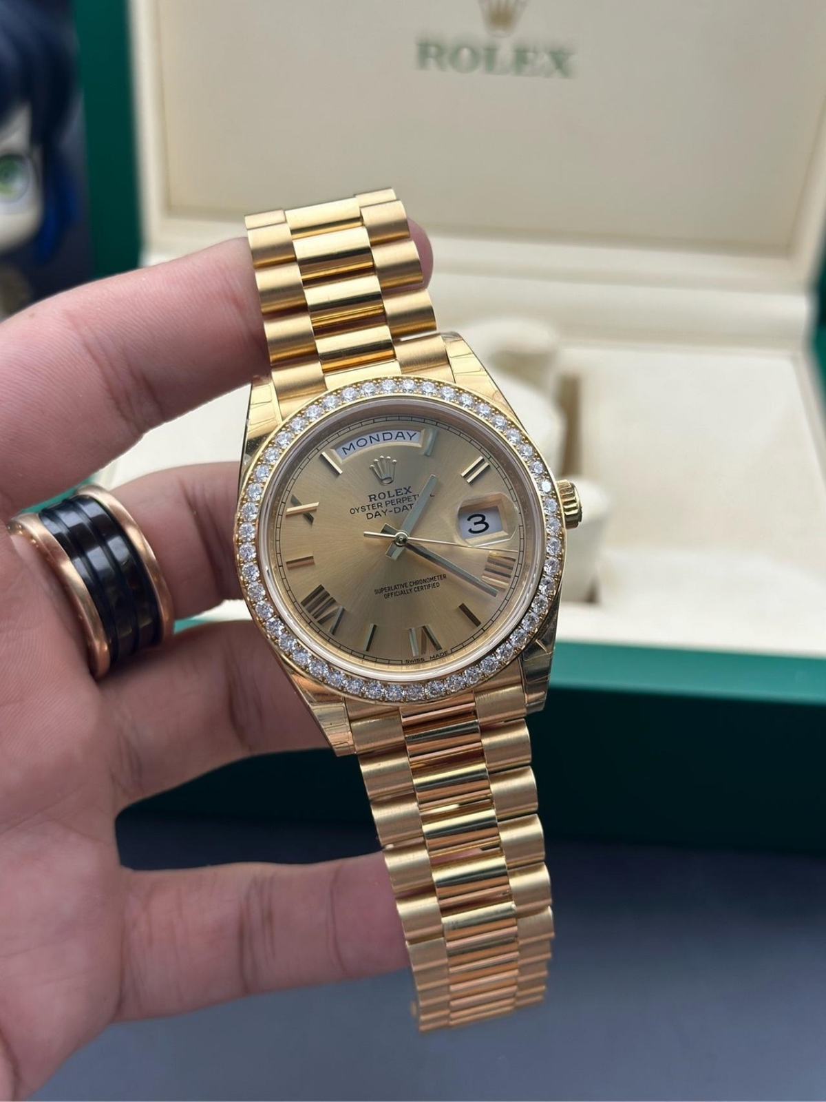 RLX Day-Date 40mm Champagne Dial and Diamond Bezel Yellow Gold President Bracelet 228348RBR-0003 - LITELUX