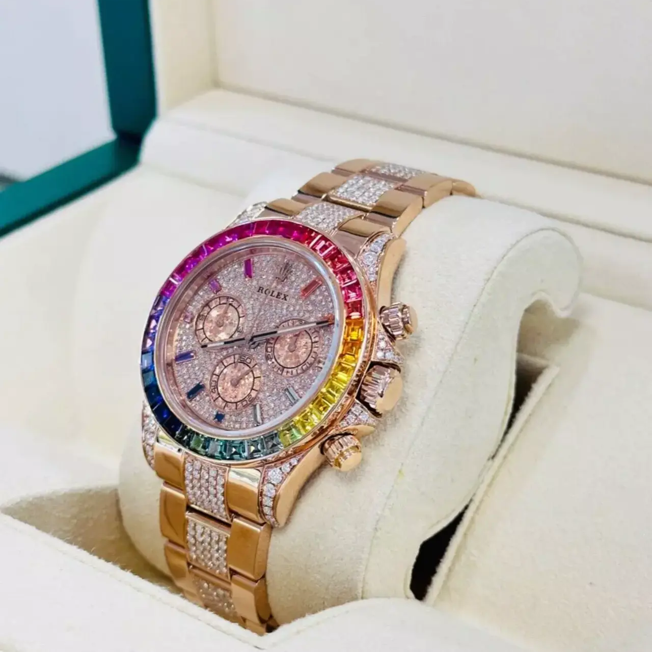 Diamond Rolex Cosmograph Daytona 116505 Custom Rainbow Diamond 18K Rose Gold 40mm - LITELUX