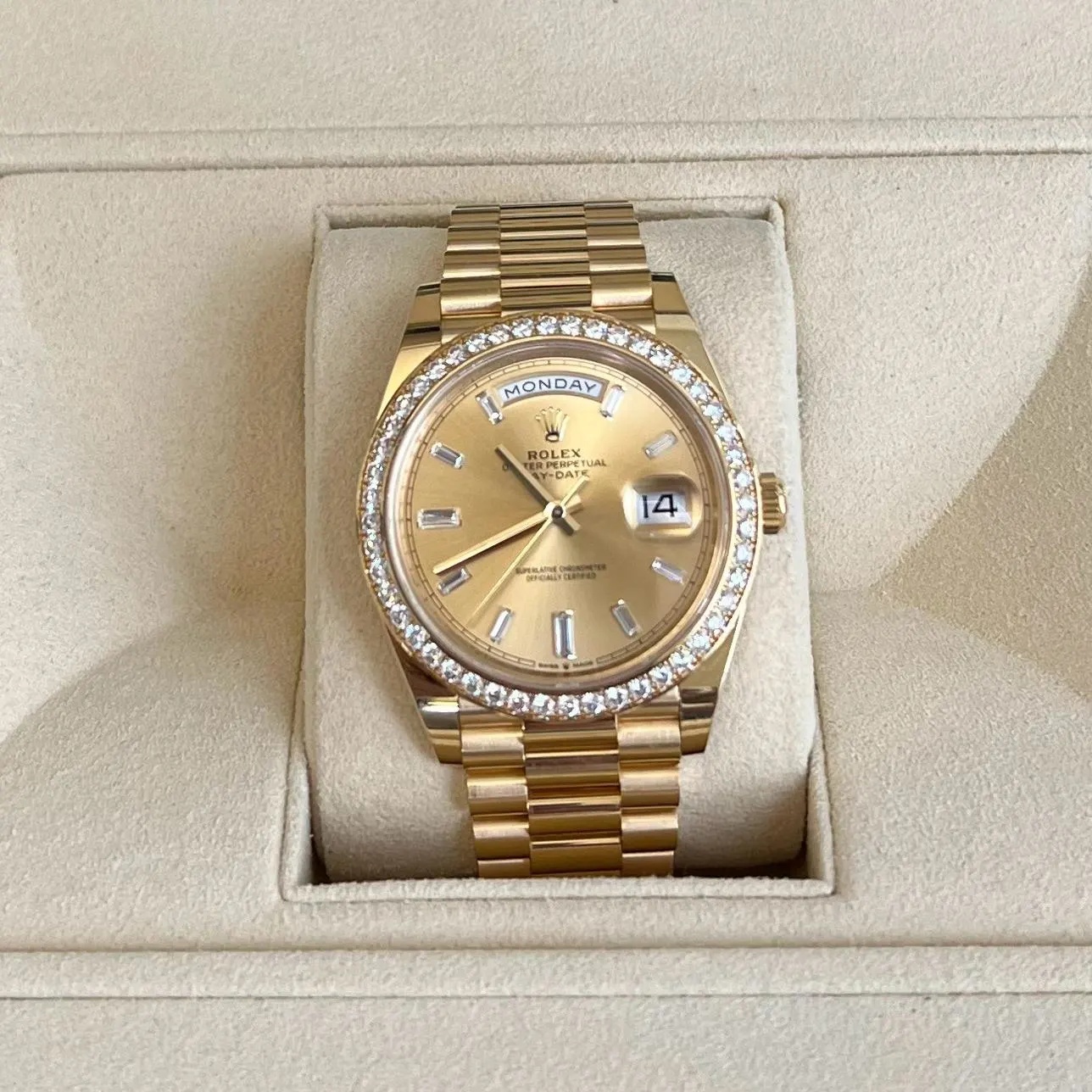 RLX Day-Date 40mm Champagne Diamond Dial and Bezel Yellow Gold President Bracelet 228348RBR-0002 - LITELUX