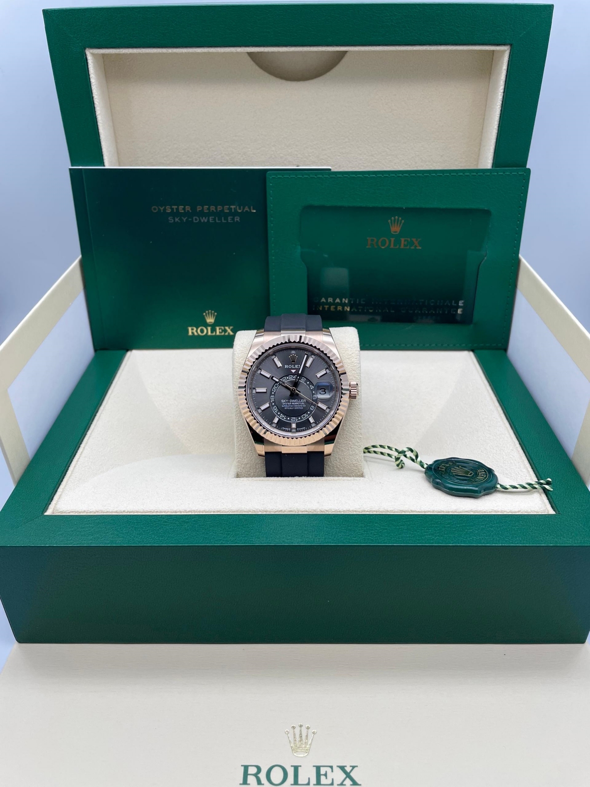 RLX Sky-Dweller 42mm Rose Gold Slate Dial Oysterflex - 336235 - LITELUX