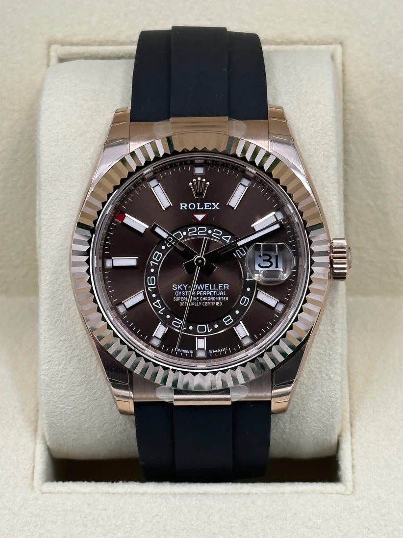 RLX Sky-Dweller 42mm Rose Gold Chocolate Dial Oysterflex - 336235 - LITELUX