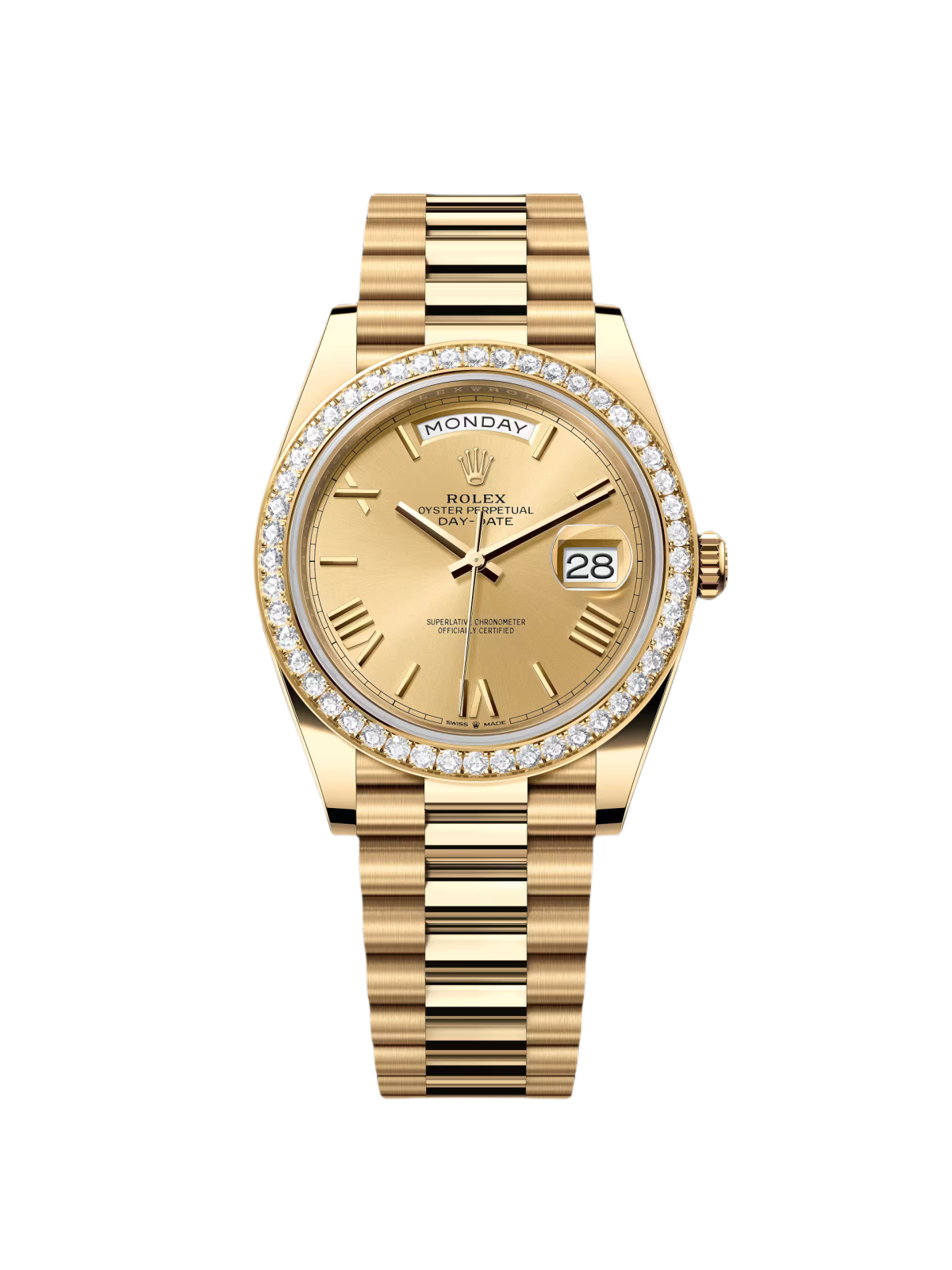 RLX Day-Date 40mm Champagne Dial and Diamond Bezel Yellow Gold President Bracelet 228348RBR-0003 - LITELUX