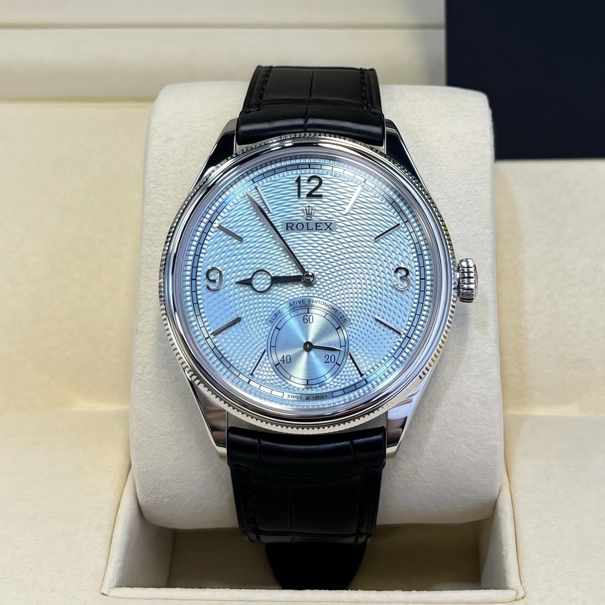 Rolex 1908 Platinum Ice Blue Dial Black Alligator Strap - 52506-0003 - LITELUX