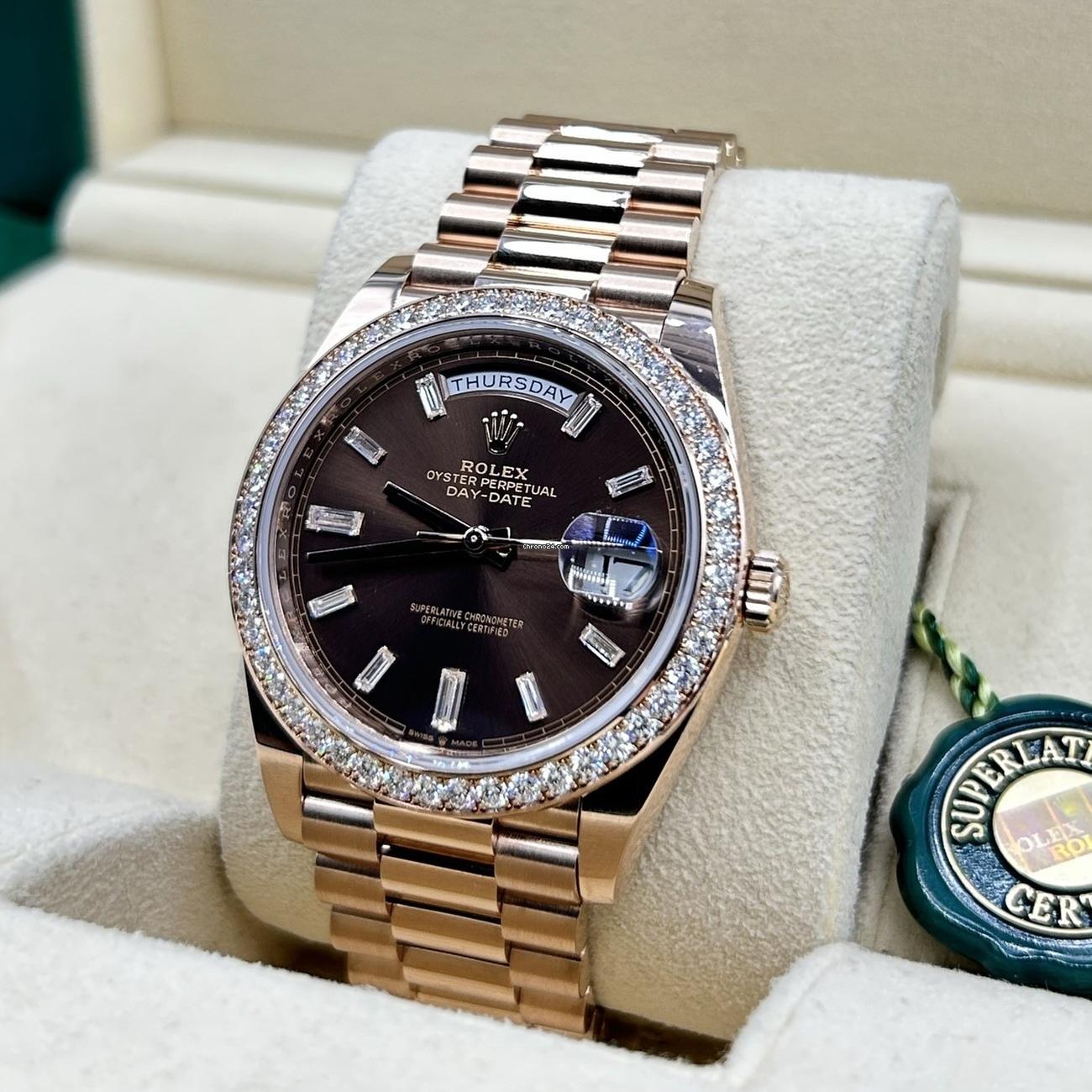 RLX Day-Date 40mm Chocolate Baguette Diamond Dial Diamond Bezel Dial Watch 228345RBR - LITELUX