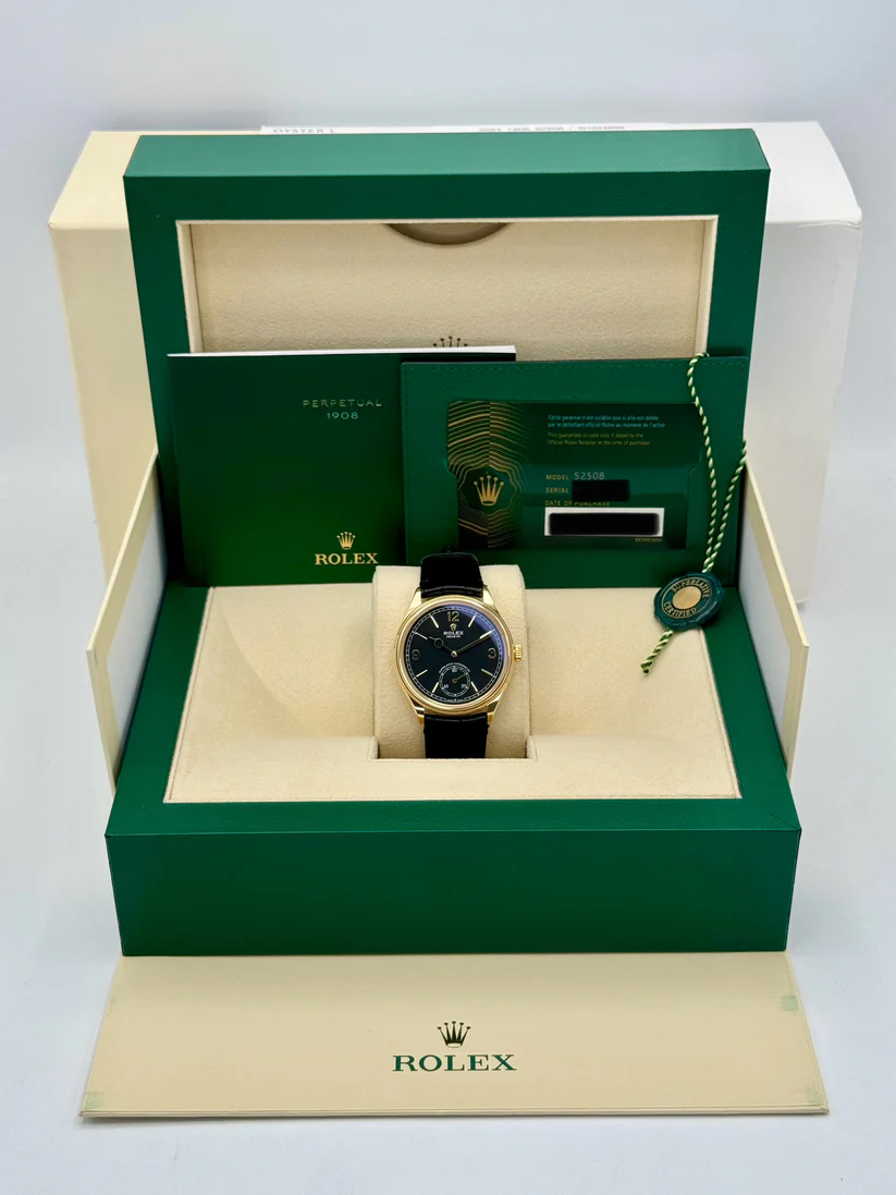 Rolex 1908 Yellow Gold Black Dial Black Alligator Strap - 52508-0002 - LITELUX