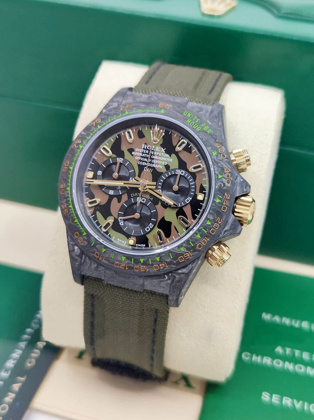 12A(Swiss movement)Rolex Cosmograph Daytona DIW Carbon Military Green Swiss Replica Watch | Custom Made Limited Edition | - LITELUX