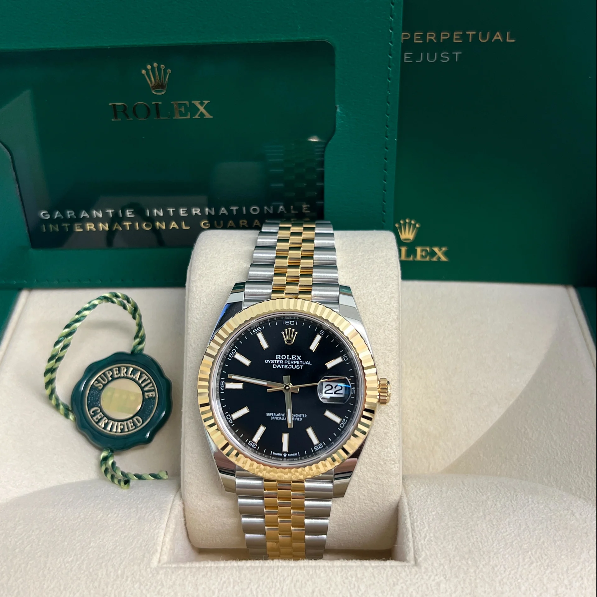 RLX Datejust 41mm Two-Tone Yellow Gold Fluted Bezel Black Index Dial Jubilee - 126333 - LITELUX