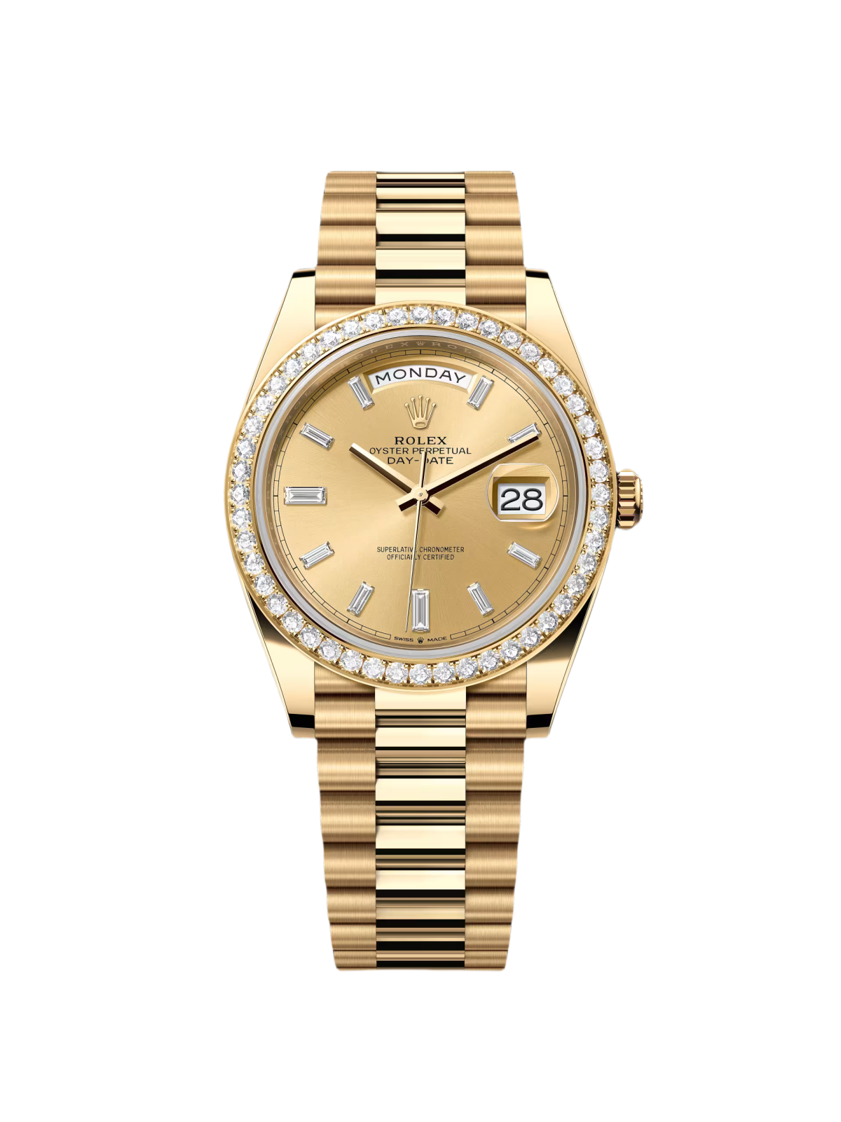 RLX Day-Date 40mm Champagne Diamond Dial and Bezel Yellow Gold President Bracelet 228348RBR-0002 - LITELUX