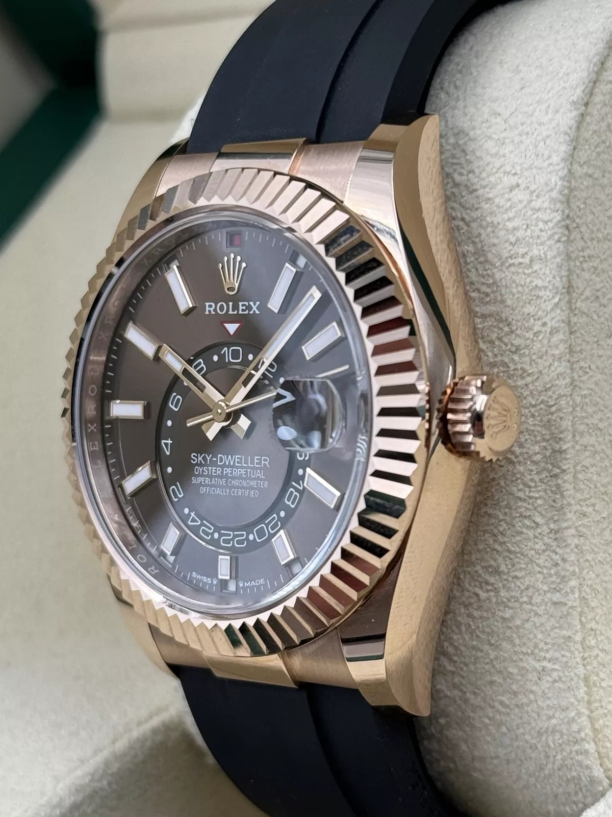 RLX Sky-Dweller 42mm Rose Gold Chocolate Dial Oysterflex - 336235 - LITELUX