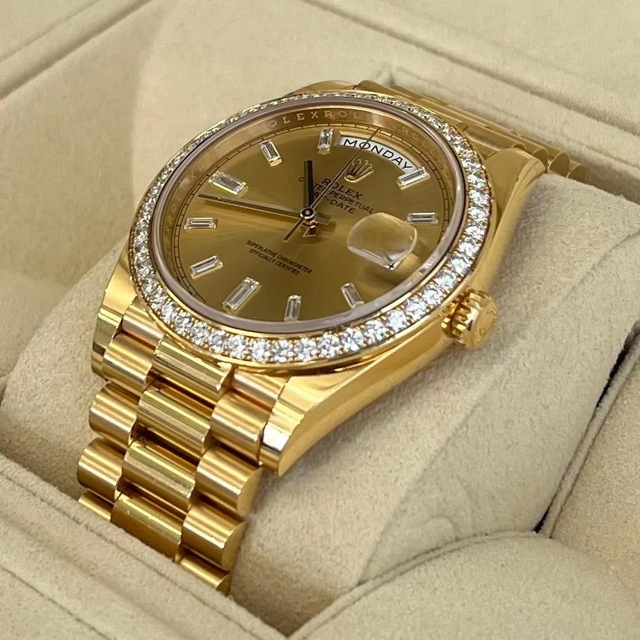 RLX Day-Date 40mm Champagne Diamond Dial and Bezel Yellow Gold President Bracelet 228348RBR-0002 - LITELUX