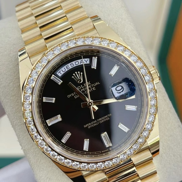 RLX Day-Date 40mm Black Diamond Dial and Diamond Bezel Yellow Gold President Bracelet 228348RBR-0001 - LITELUX