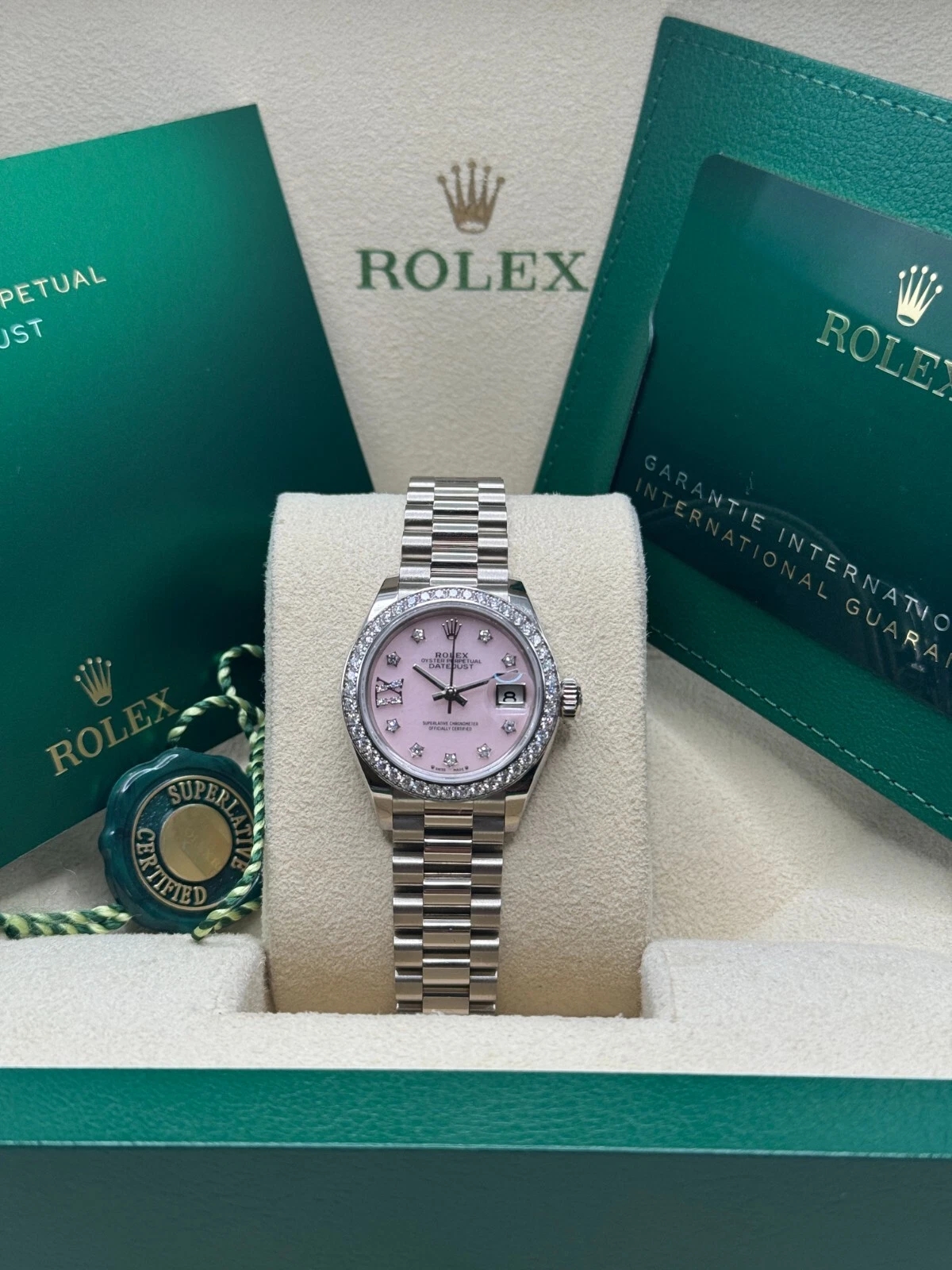 RLX Lady-Datejust 28mm 279139RBR Pink Opal Diamond Dial and Diamond Bezel White Gold Bracelet - LITELUX