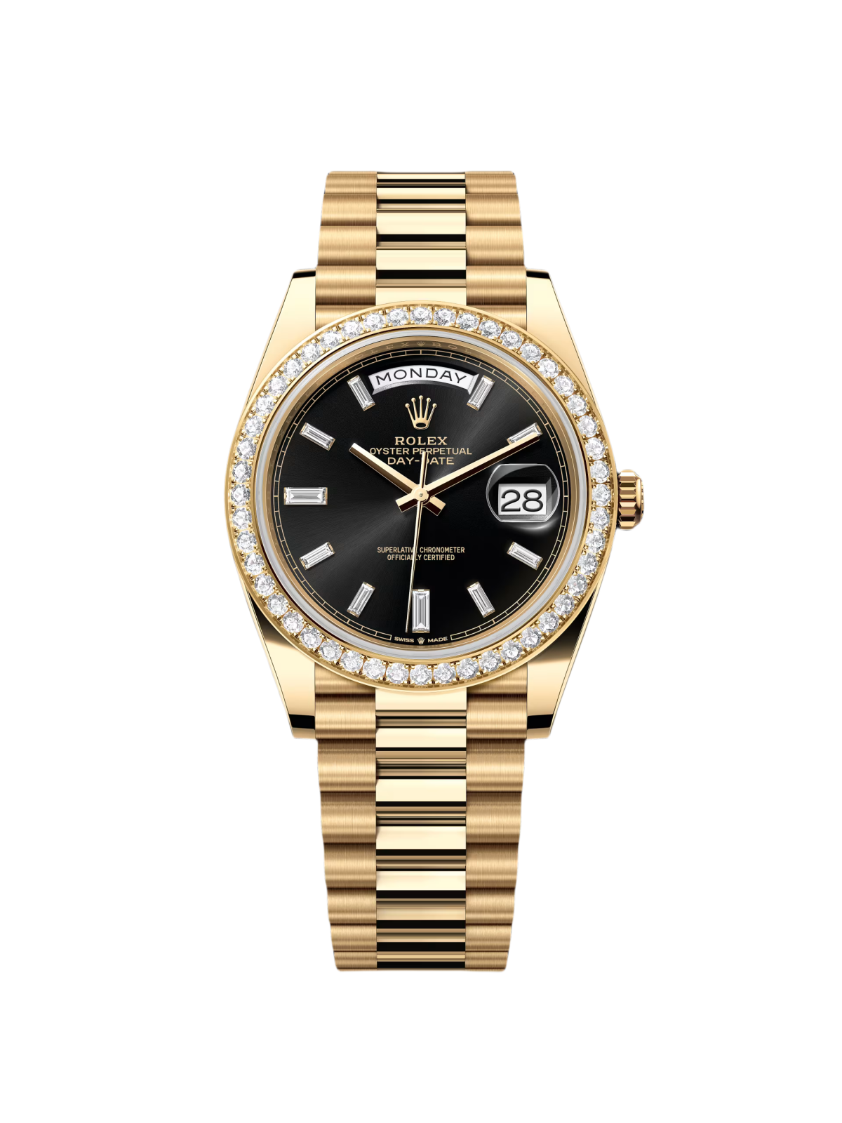 RLX Day-Date 40mm Black Diamond Dial and Diamond Bezel Yellow Gold President Bracelet 228348RBR-0001 - LITELUX