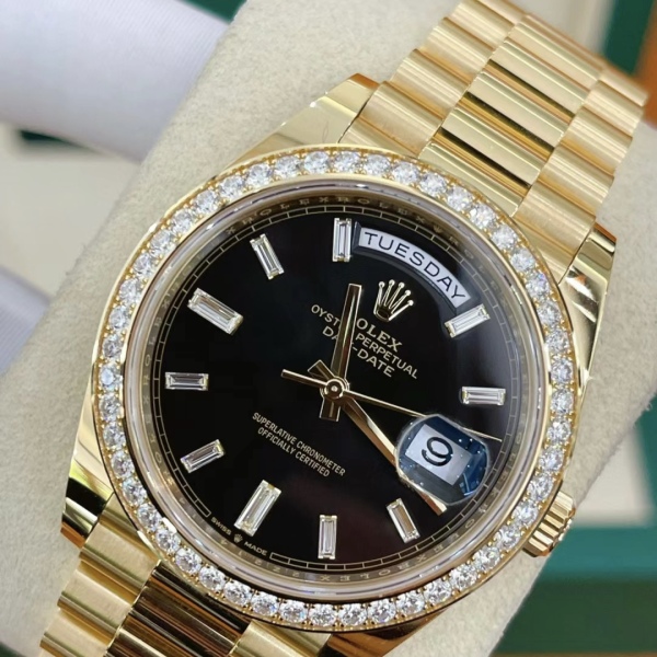RLX Day-Date 40mm Black Diamond Dial and Diamond Bezel Yellow Gold President Bracelet 228348RBR-0001 - LITELUX